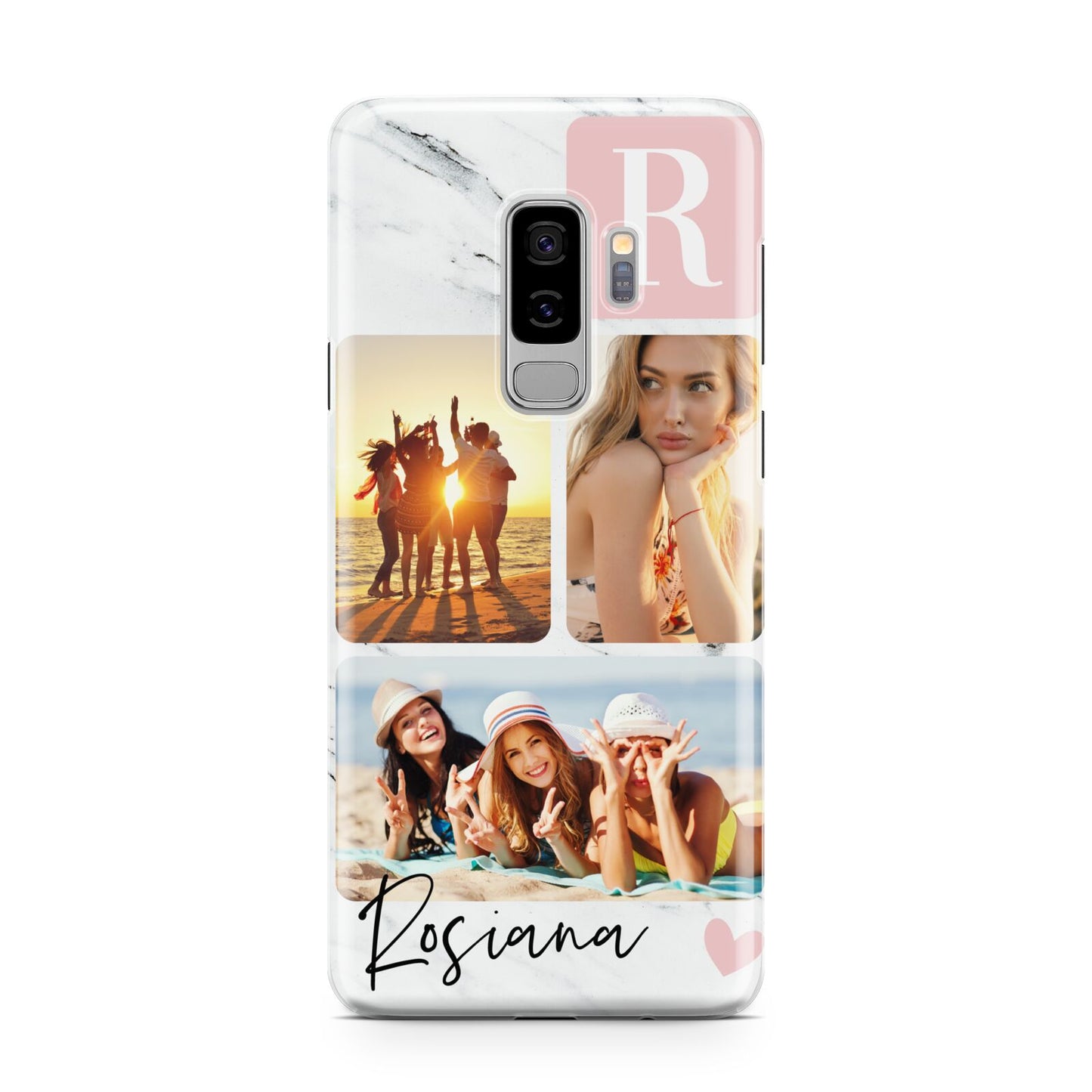 Personalised Three Photo Marble Name Samsung Galaxy S9 Plus Case on Silver phone