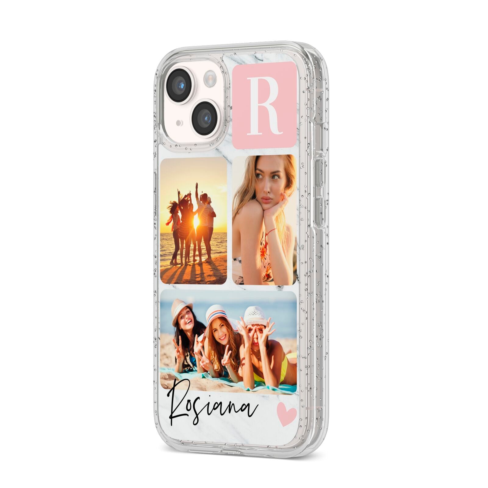 Personalised Three Photo Marble Name iPhone 14 Glitter Tough Case Starlight Angled Image