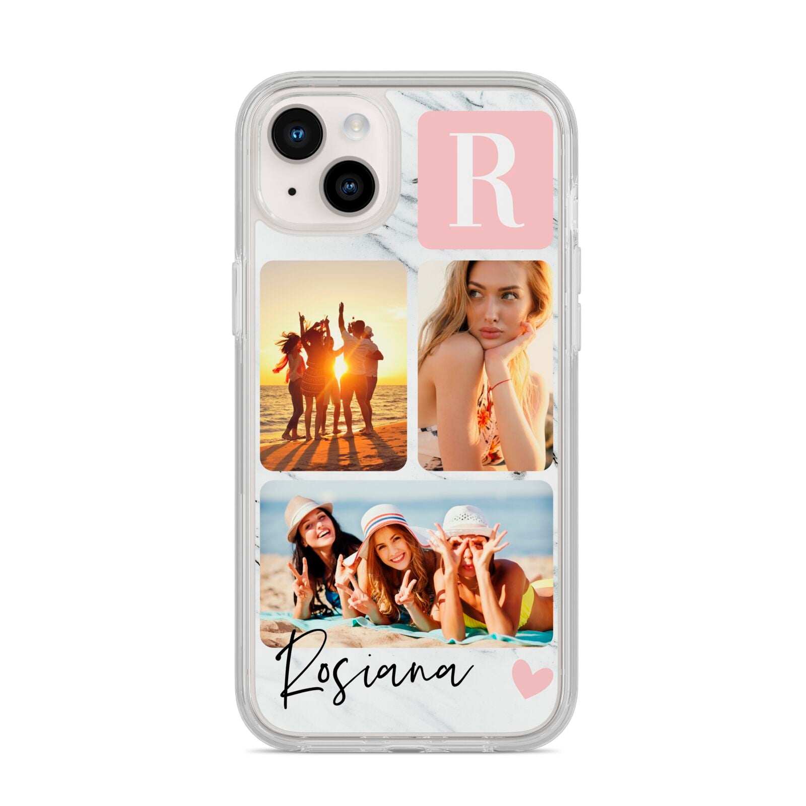 Personalised Three Photo Marble Name iPhone 14 Plus Clear Tough Case Starlight