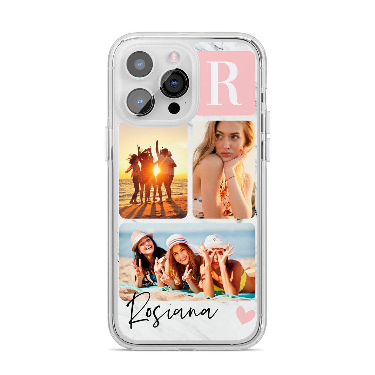 Personalised Three Photo Marble Name iPhone 14 Pro Max Clear Tough Case Silver