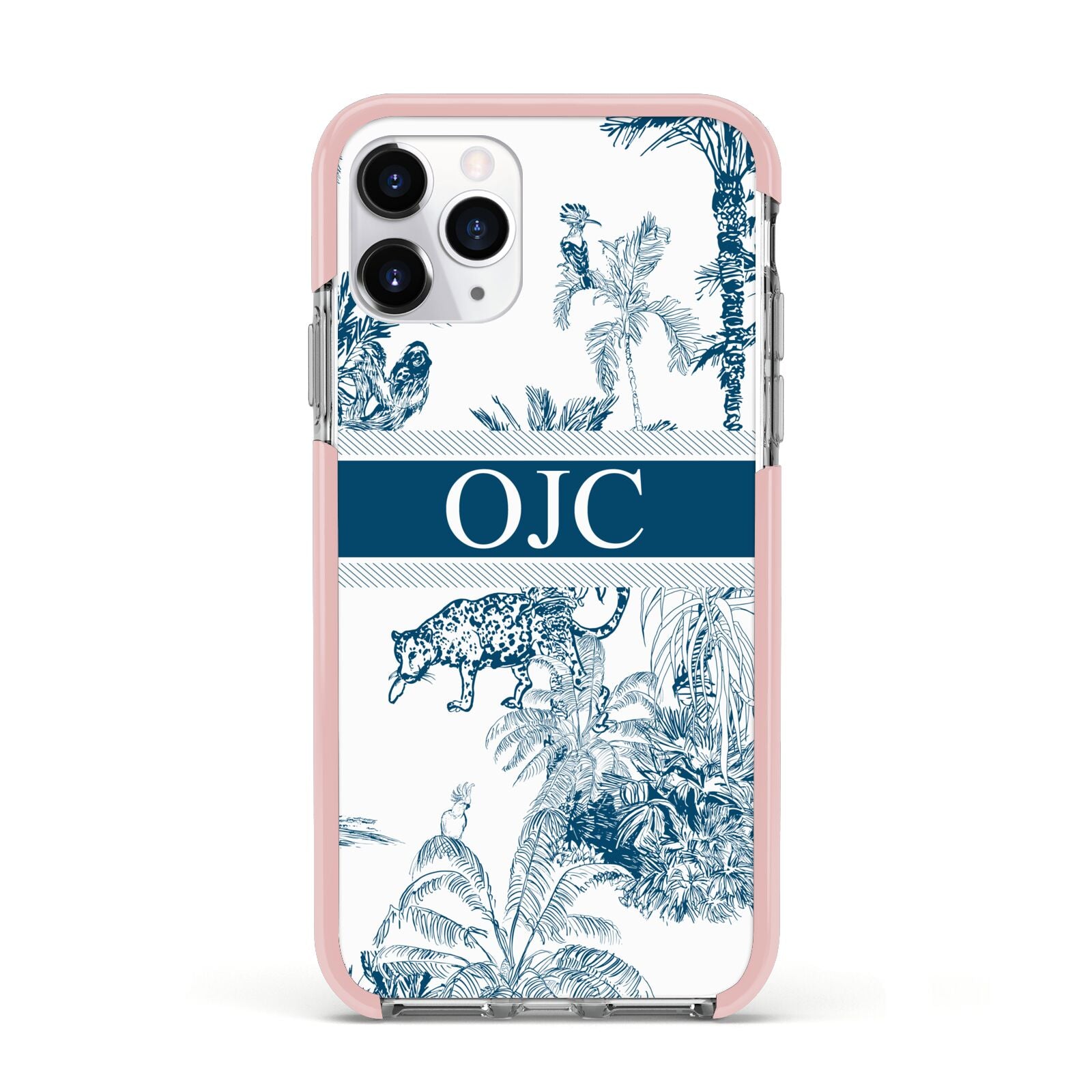 Personalised Tropical Toile Apple iPhone 11 Pro in Silver with Pink Impact Case