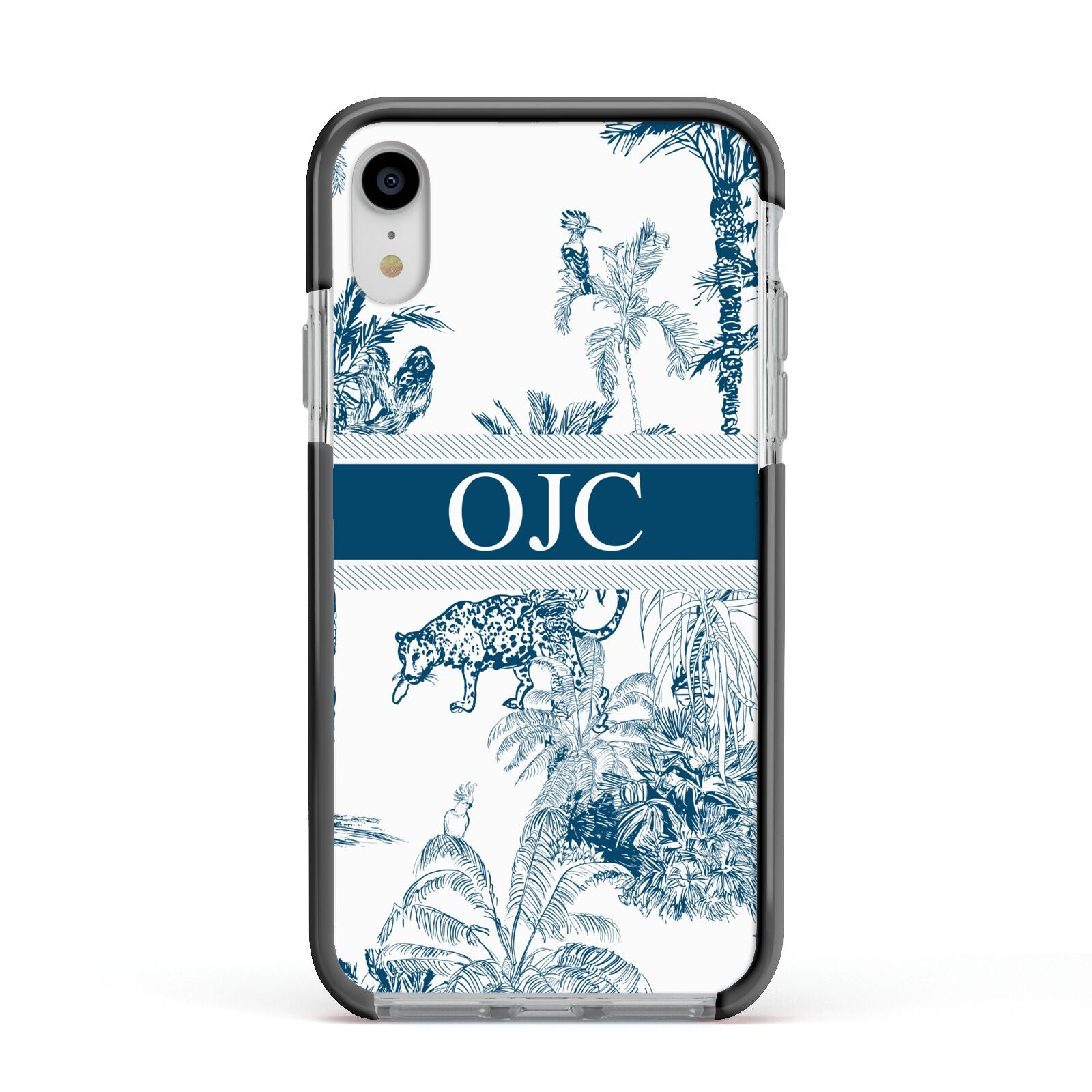 Personalised Tropical Toile Apple iPhone XR Impact Case Black Edge on Silver Phone