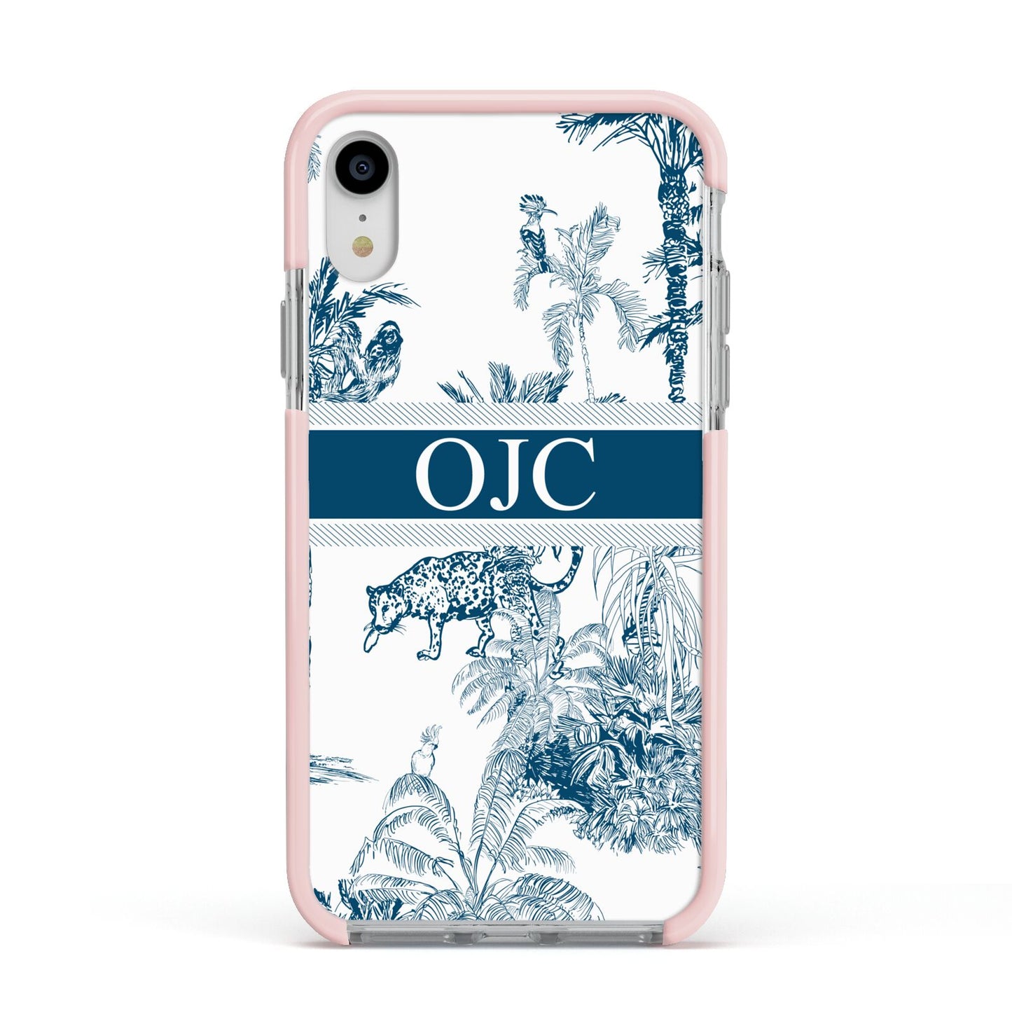 Personalised Tropical Toile Apple iPhone XR Impact Case Pink Edge on Silver Phone