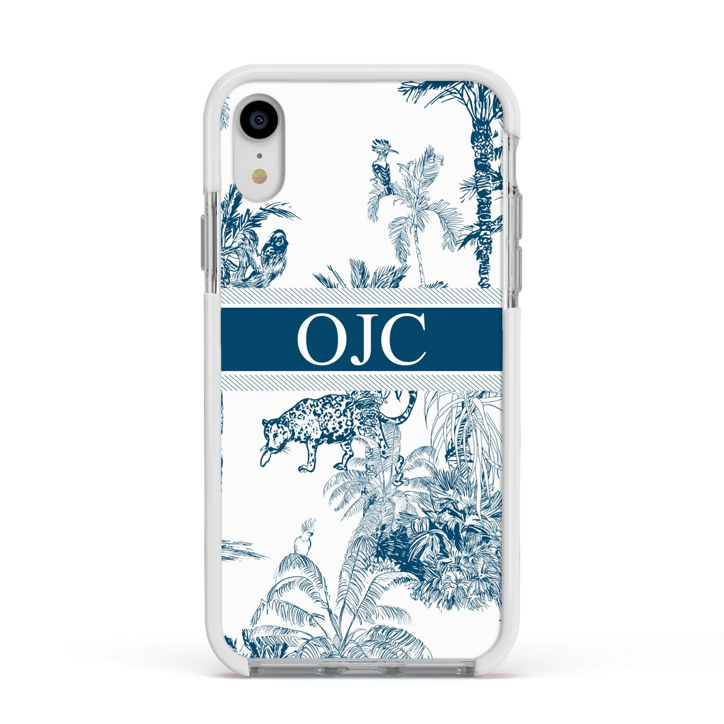 Personalised Tropical Toile Apple iPhone XR Impact Case White Edge on Silver Phone