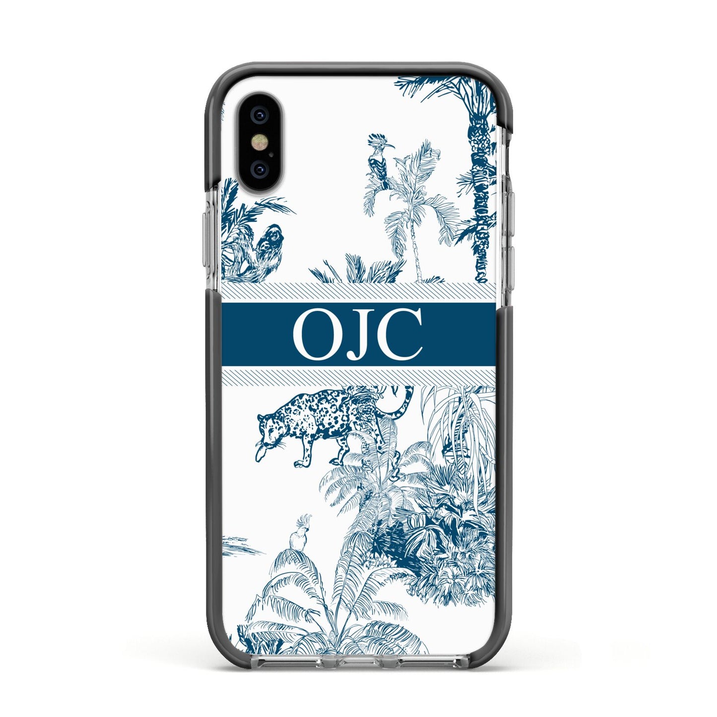 Personalised Tropical Toile Apple iPhone Xs Impact Case Black Edge on Silver Phone