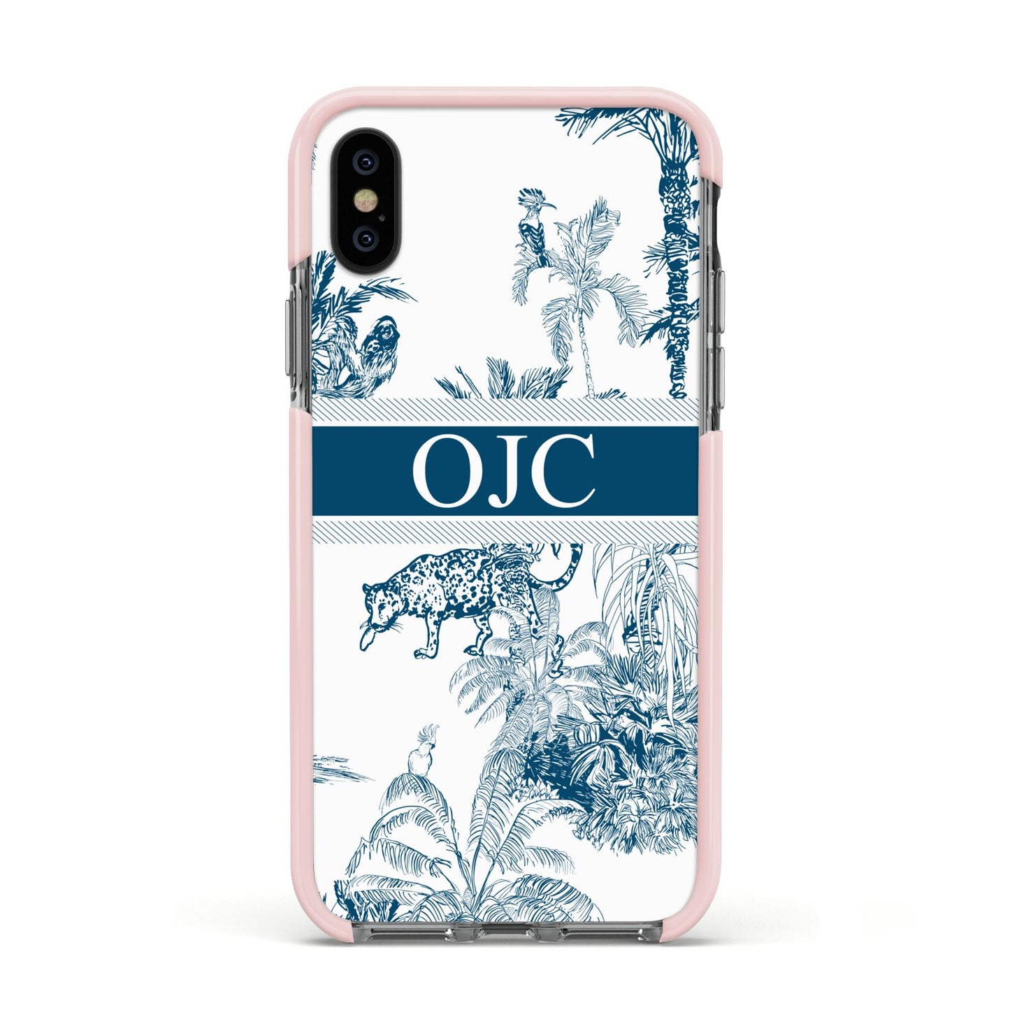 Personalised Tropical Toile Apple iPhone Xs Impact Case Pink Edge on Black Phone