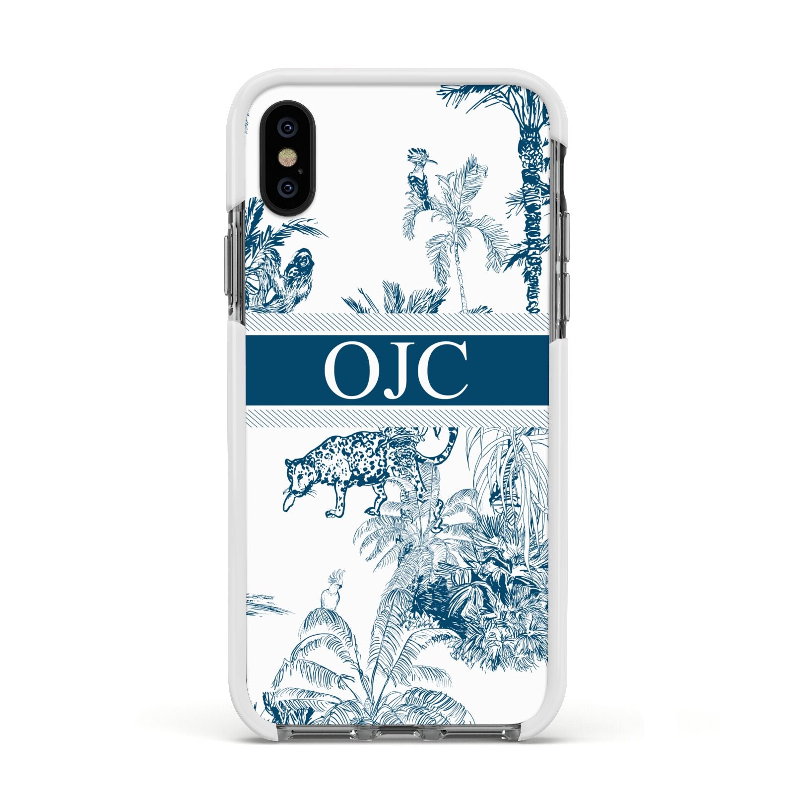 Personalised Tropical Toile Apple iPhone Xs Impact Case White Edge on Black Phone