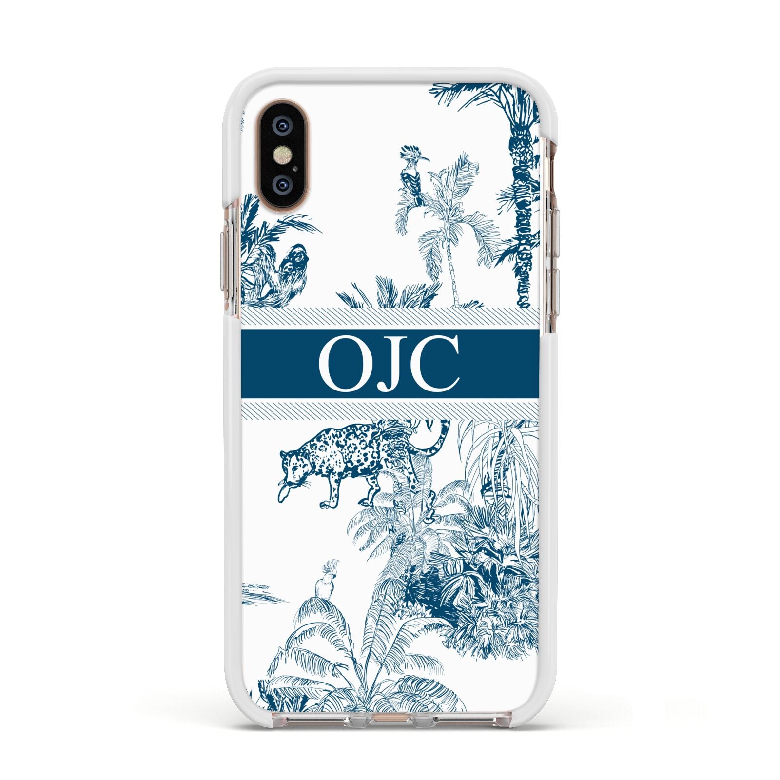 Personalised Tropical Toile Apple iPhone Xs Impact Case White Edge on Gold Phone