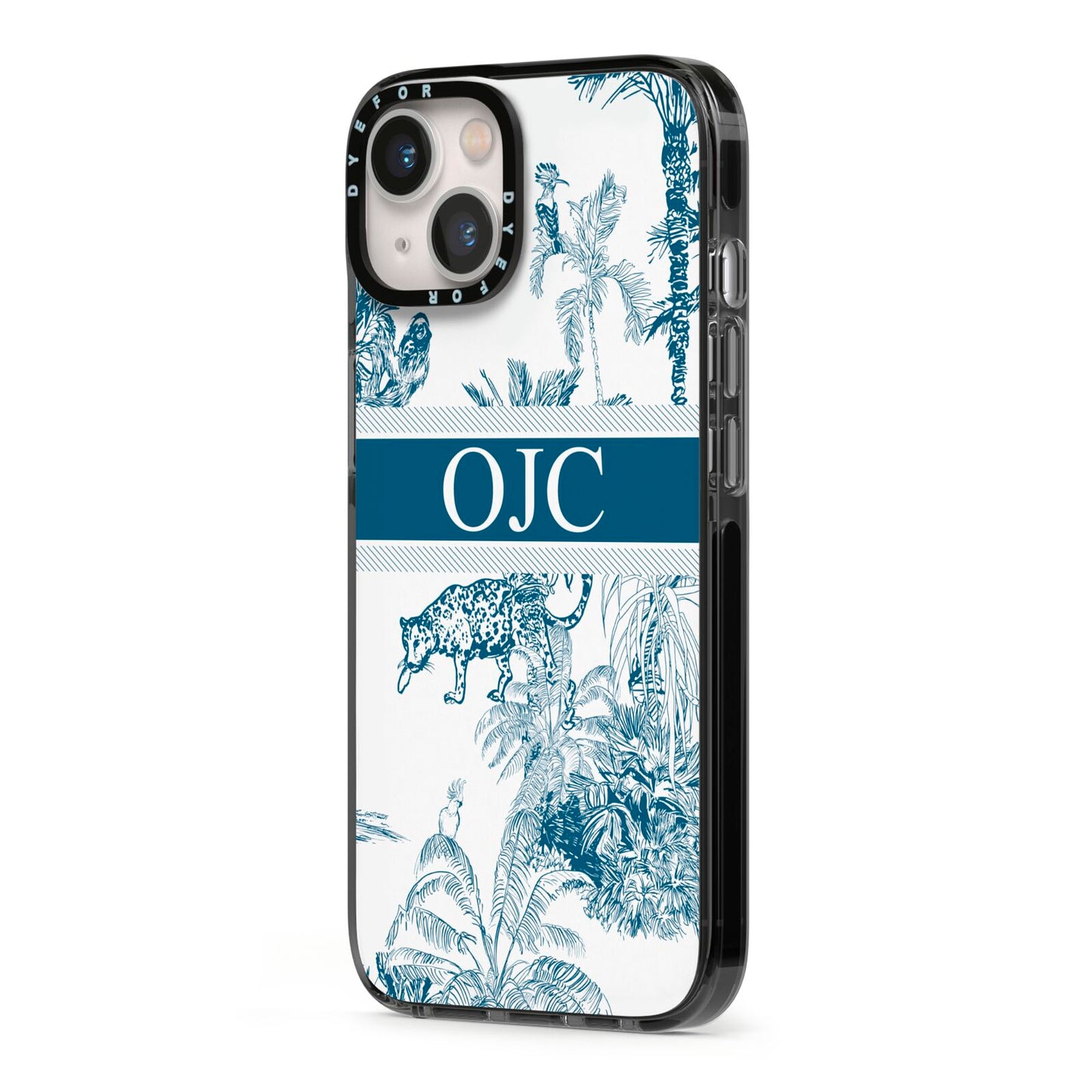 Personalised Tropical Toile iPhone 13 Black Impact Case Side Angle on Silver phone