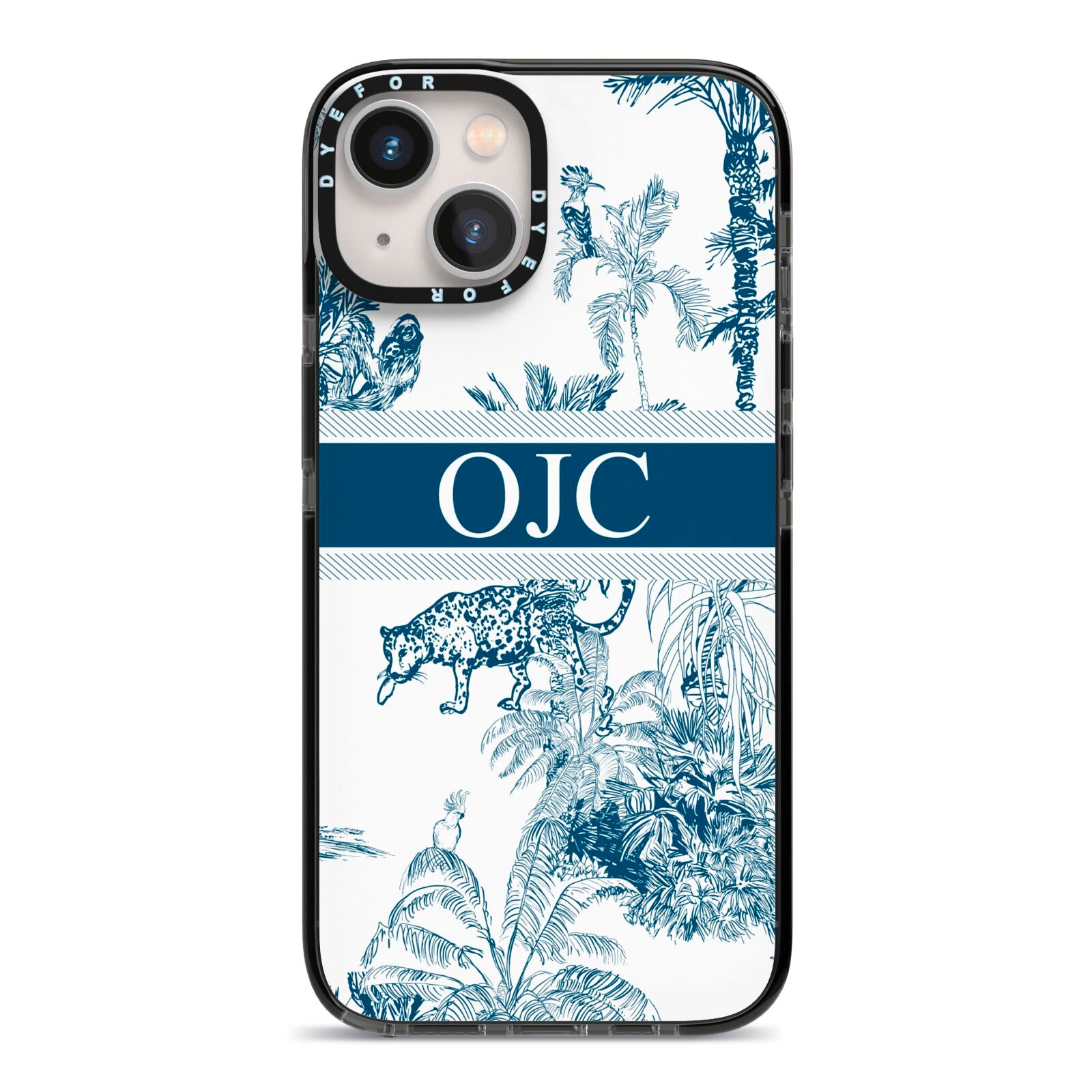 Personalised Tropical Toile iPhone 13 Black Impact Case on Silver phone