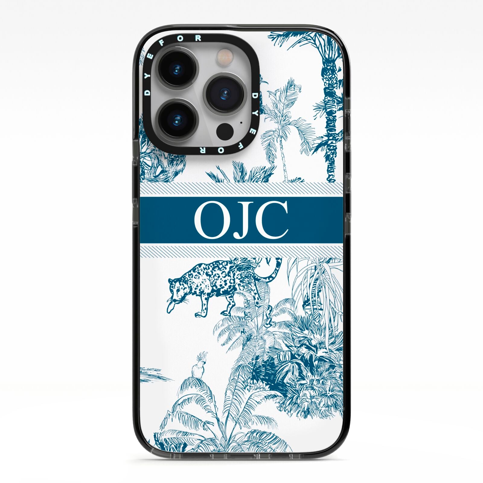 Personalised Tropical Toile iPhone 13 Pro Black Impact Case on Silver phone