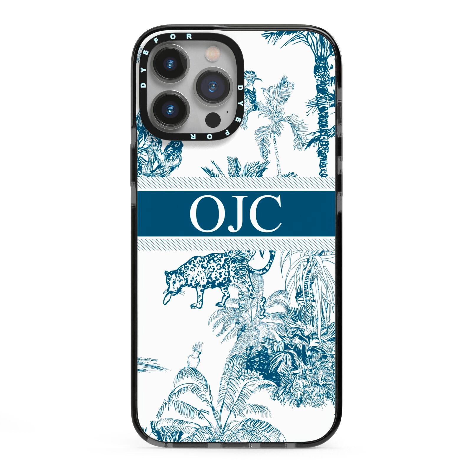 Personalised Tropical Toile iPhone 13 Pro Max Black Impact Case on Silver phone