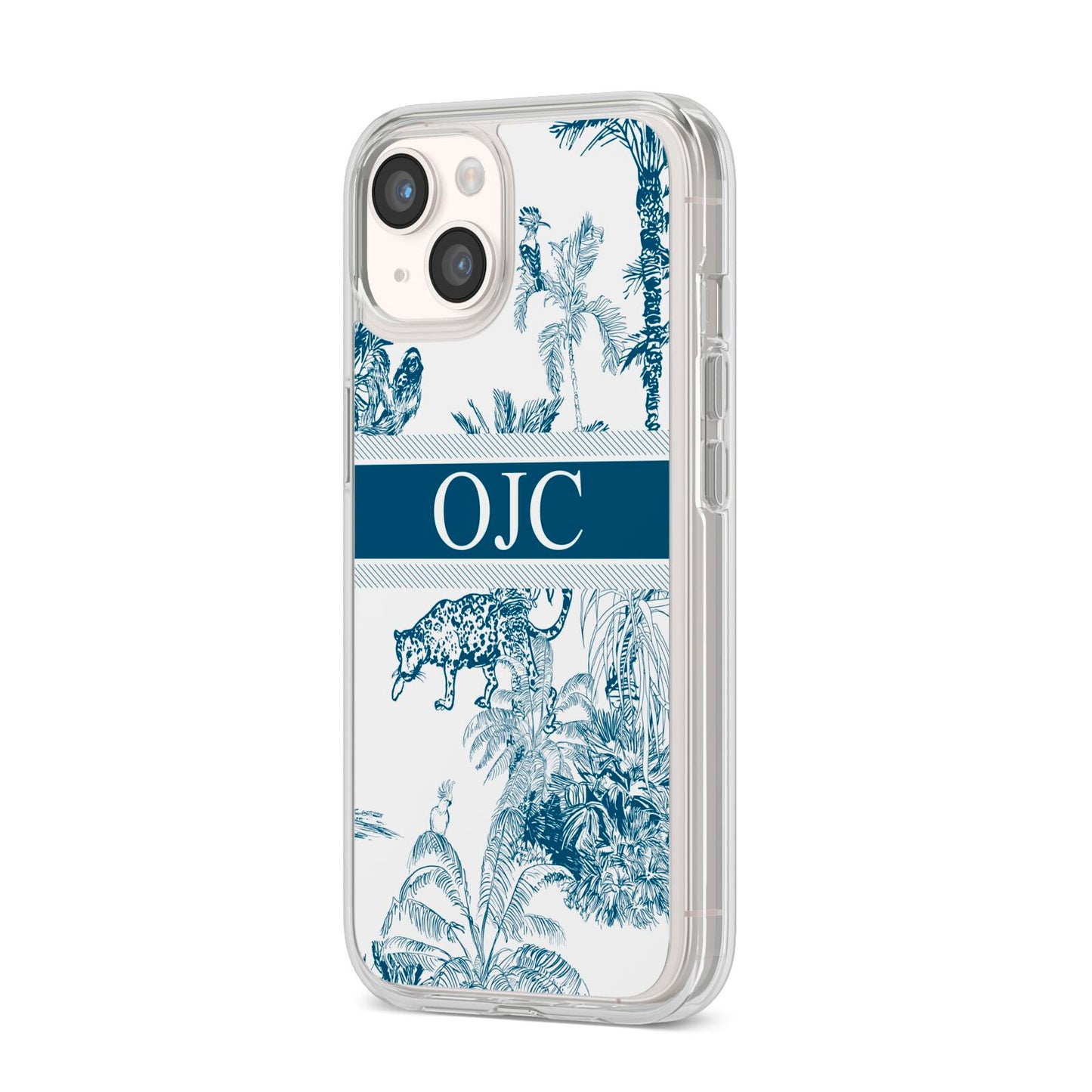 Personalised Tropical Toile iPhone 14 Clear Tough Case Starlight Angled Image