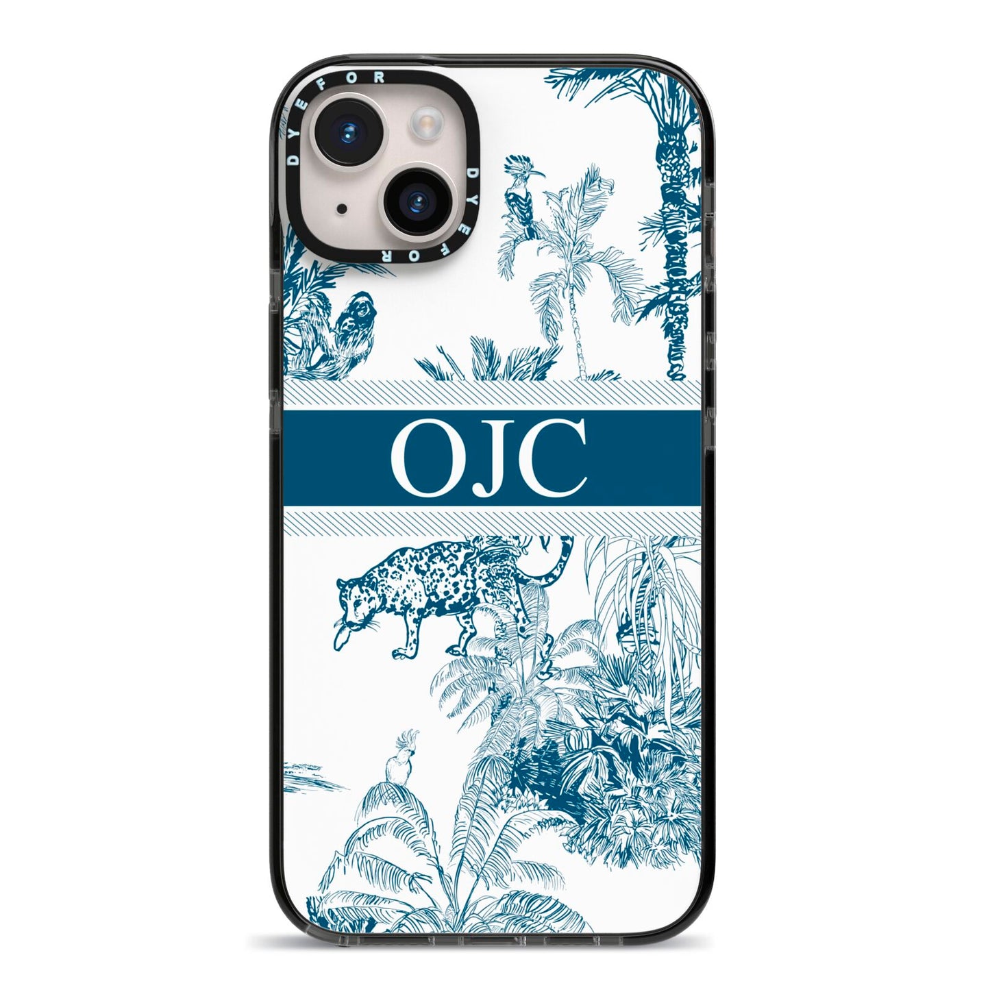Personalised Tropical Toile iPhone 14 Plus Black Impact Case on Silver phone