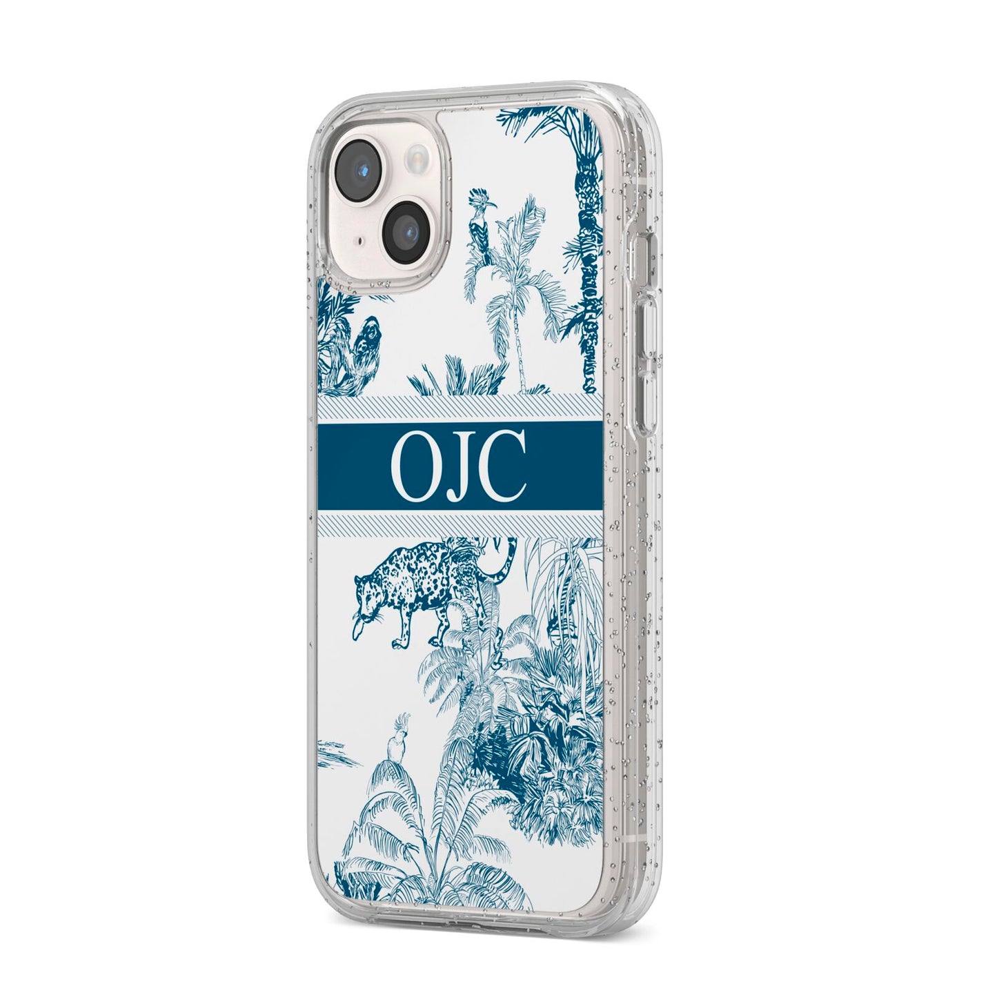 Personalised Tropical Toile iPhone 14 Plus Glitter Tough Case Starlight Angled Image