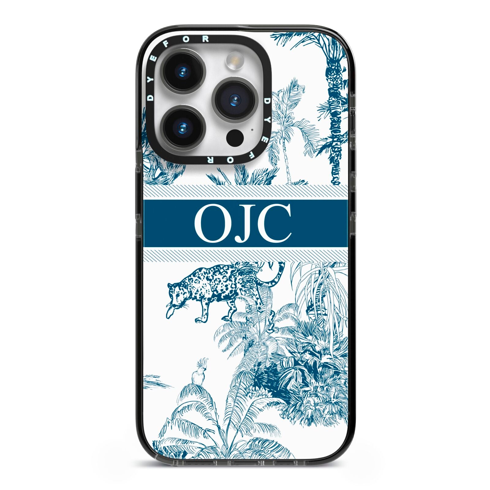 Personalised Tropical Toile iPhone 14 Pro Black Impact Case on Silver phone