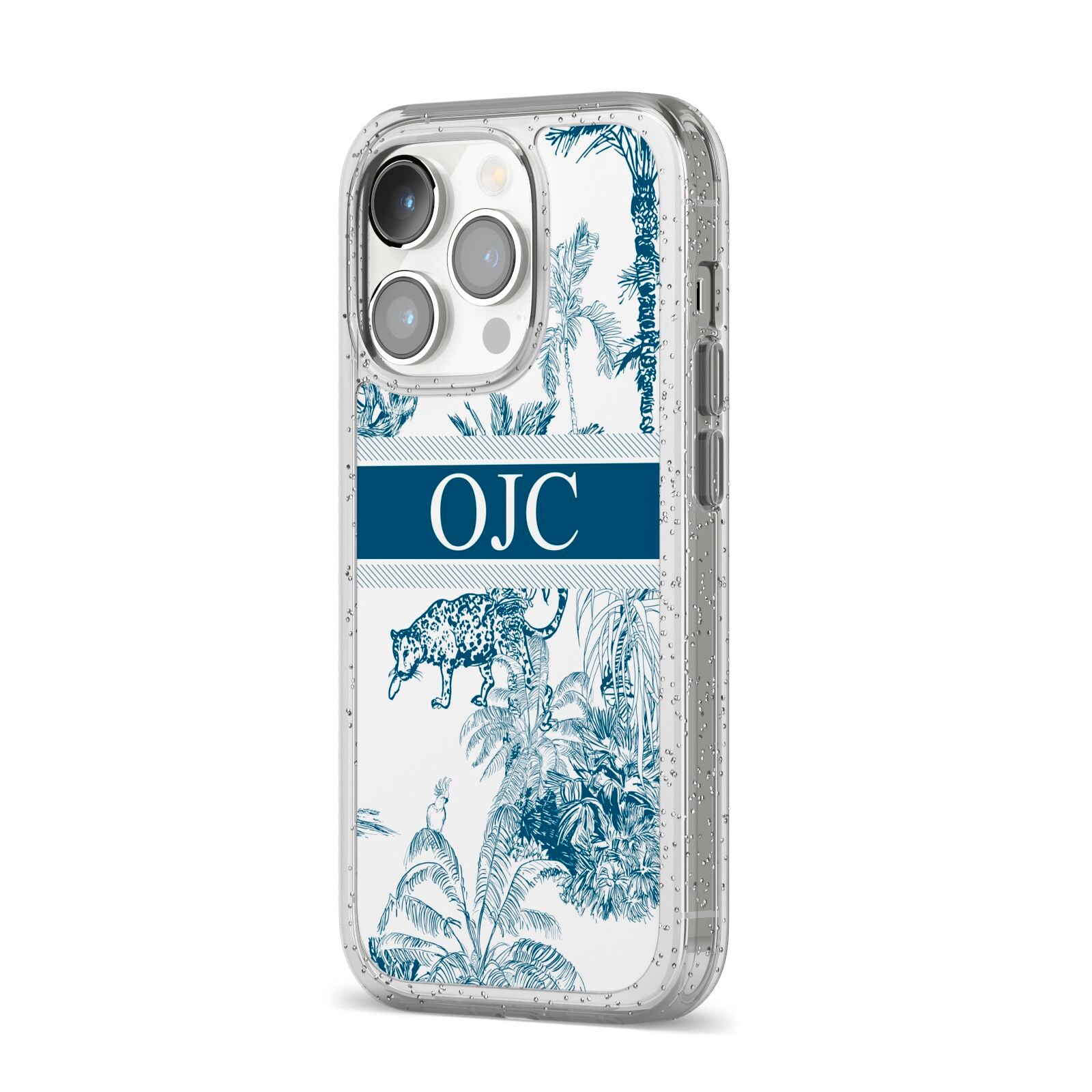 Personalised Tropical Toile iPhone 14 Pro Glitter Tough Case Silver Angled Image