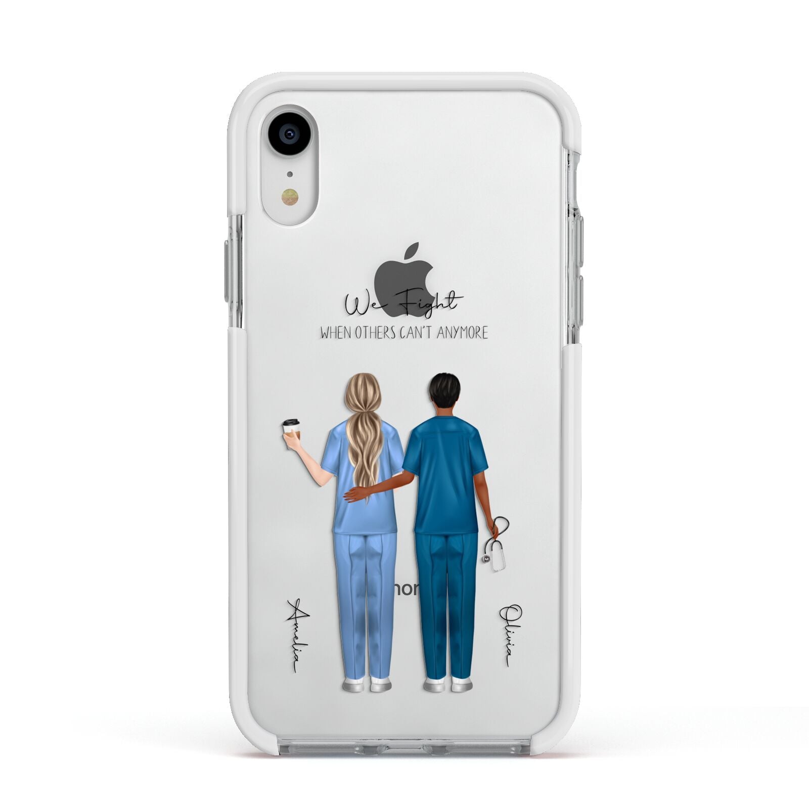 Personalised Two Nurses Apple iPhone XR Impact Case White Edge on Silver Phone