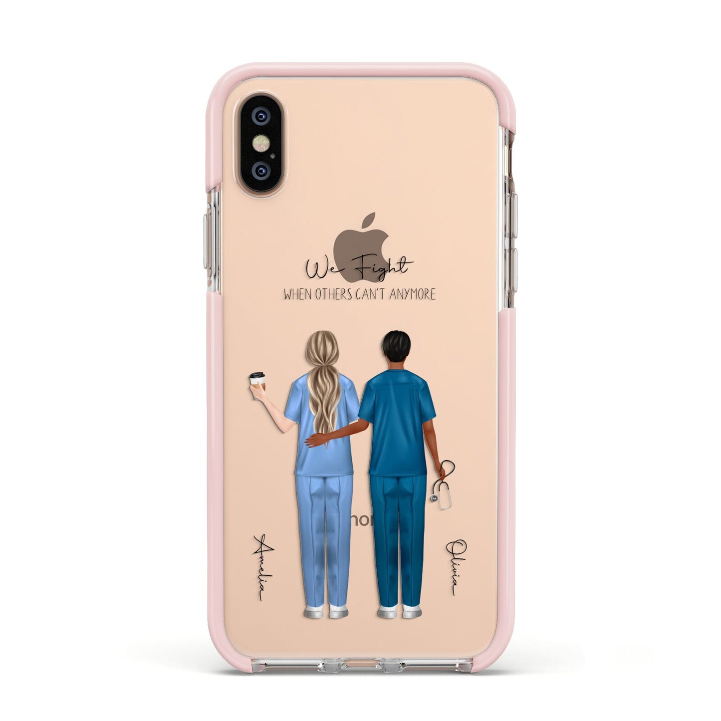 Personalised Two Nurses Apple iPhone Xs Impact Case Pink Edge on Gold Phone