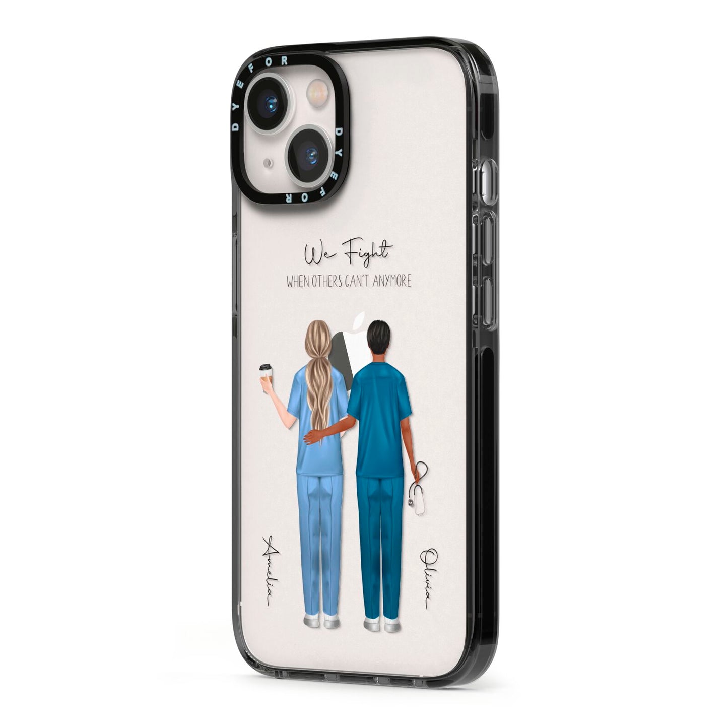 Personalised Two Nurses iPhone 13 Black Impact Case Side Angle on Silver phone