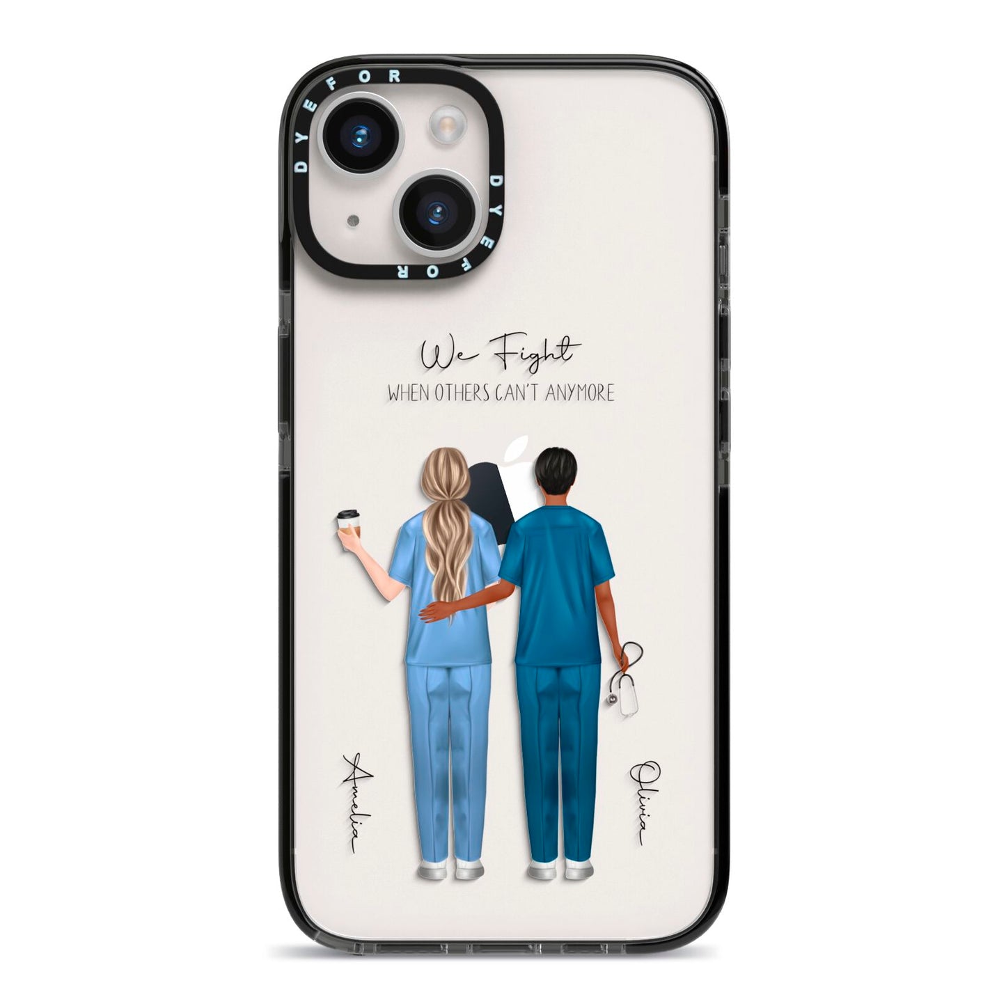 Personalised Two Nurses iPhone 14 Black Impact Case on Silver phone