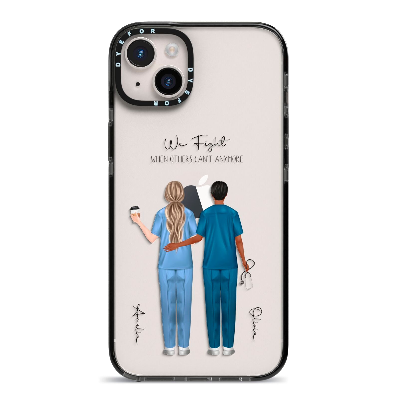 Personalised Two Nurses iPhone 14 Plus Black Impact Case on Silver phone