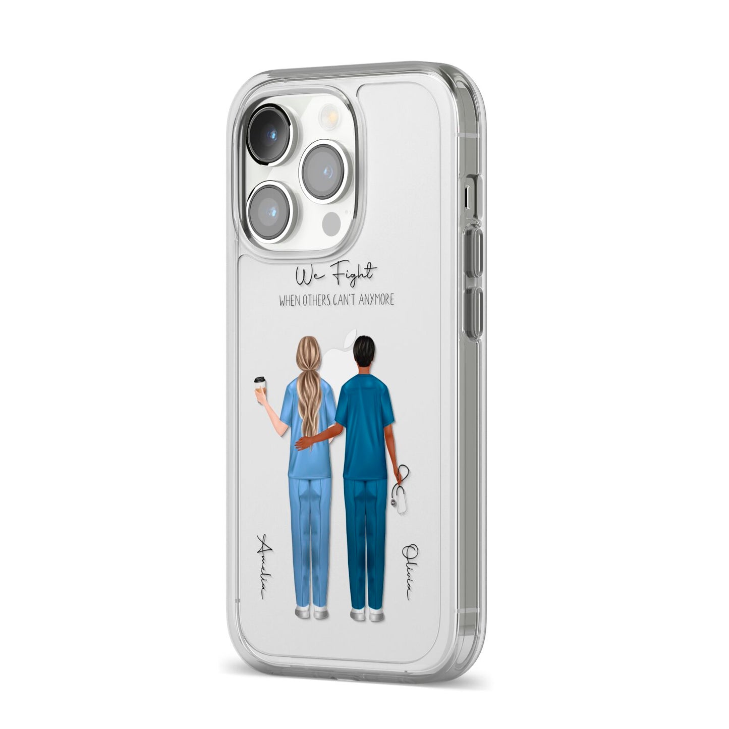Personalised Two Nurses iPhone 14 Pro Clear Tough Case Silver Angled Image