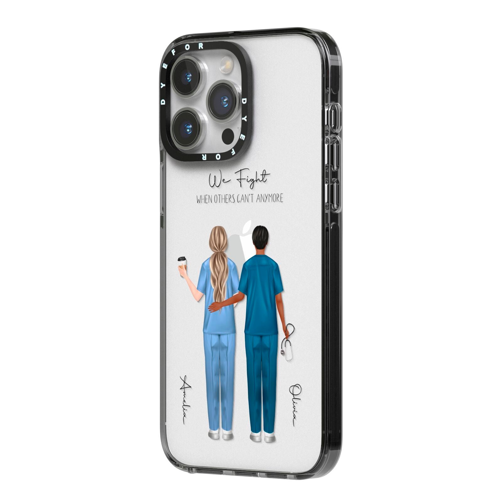 Personalised Two Nurses iPhone 14 Pro Max Black Impact Case Side Angle on Silver phone