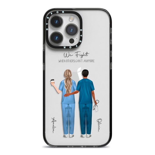 Personalised Two Nurses iPhone 14 Pro Max Black Impact Case on Silver phone