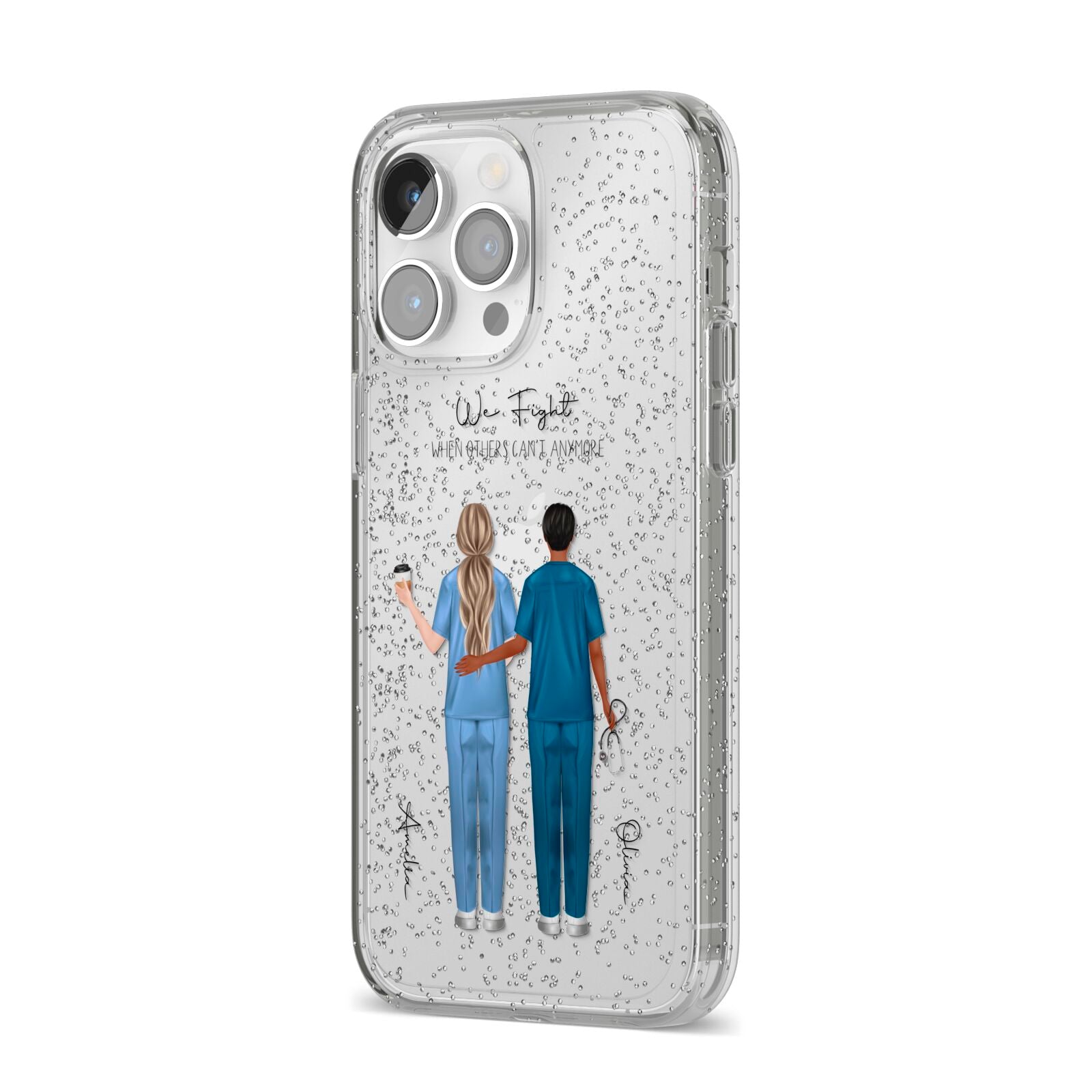 Personalised Two Nurses iPhone 14 Pro Max Glitter Tough Case Silver Angled Image