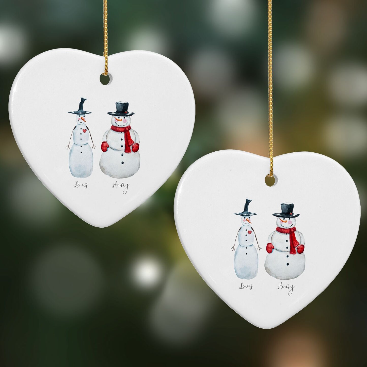 Personalised Two Snowmen Heart Decoration on Christmas Background
