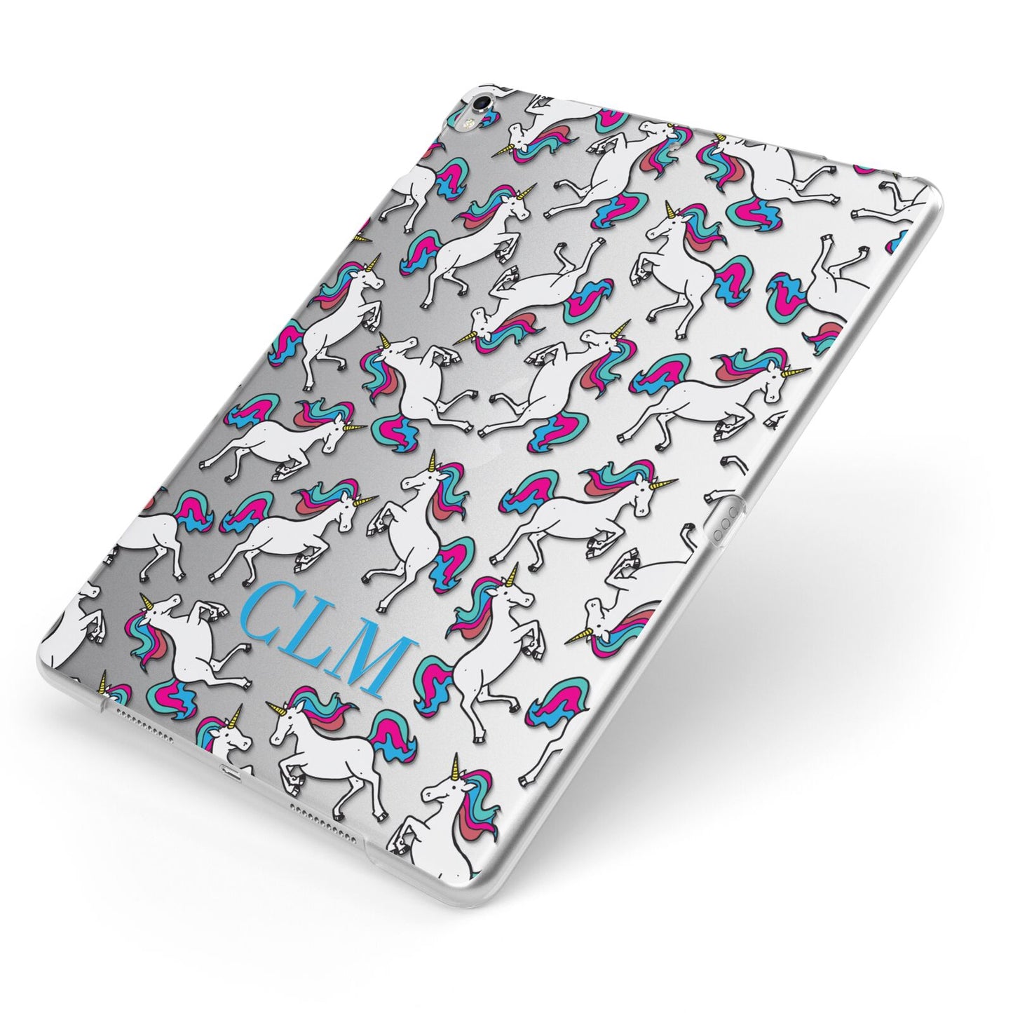 Personalised Unicorn Monogrammed Apple iPad Case on Silver iPad Side View