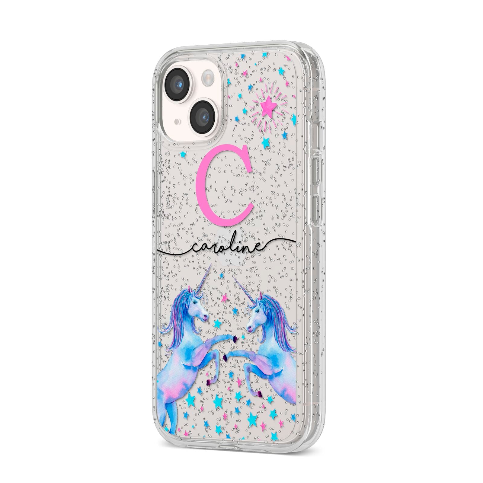 Personalised Unicorn iPhone 14 Glitter Tough Case Starlight Angled Image
