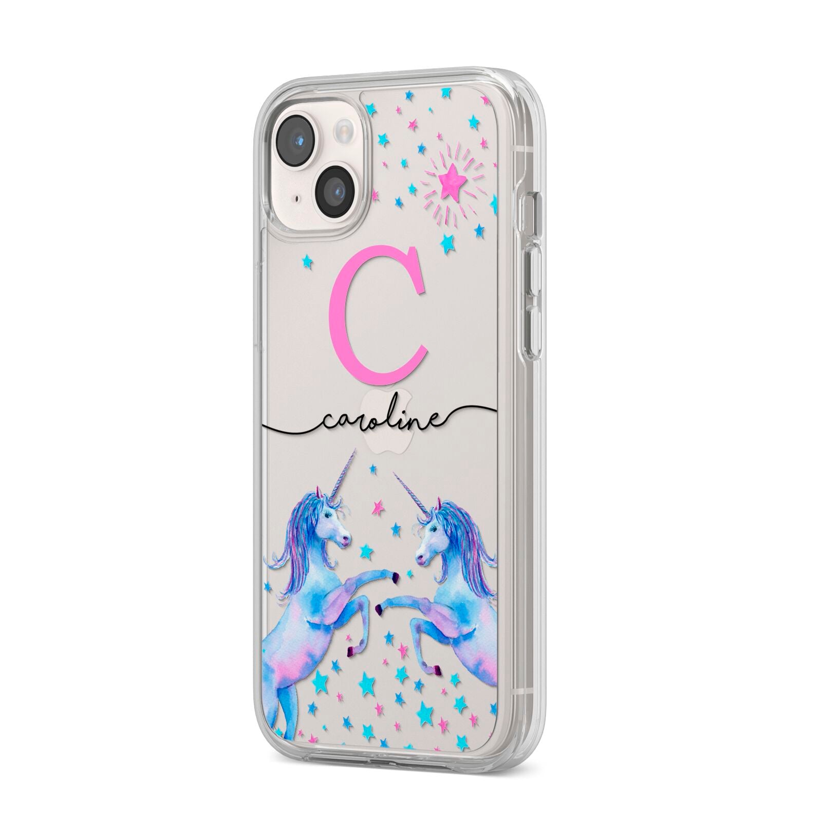 Personalised Unicorn iPhone 14 Plus Clear Tough Case Starlight Angled Image