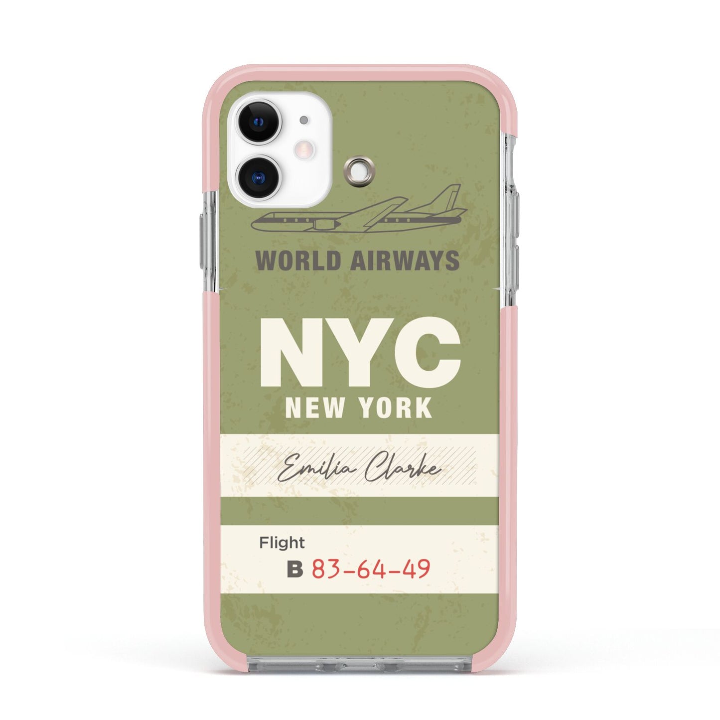 Personalised Vintage Baggage Tag Apple iPhone 11 in White with Pink Impact Case