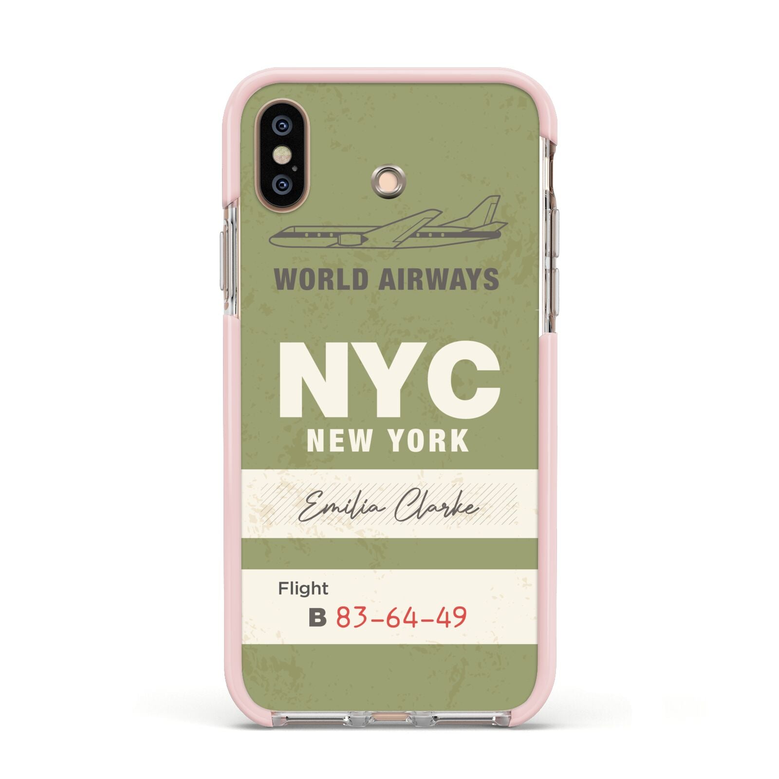 Personalised Vintage Baggage Tag Apple iPhone Xs Impact Case Pink Edge on Gold Phone