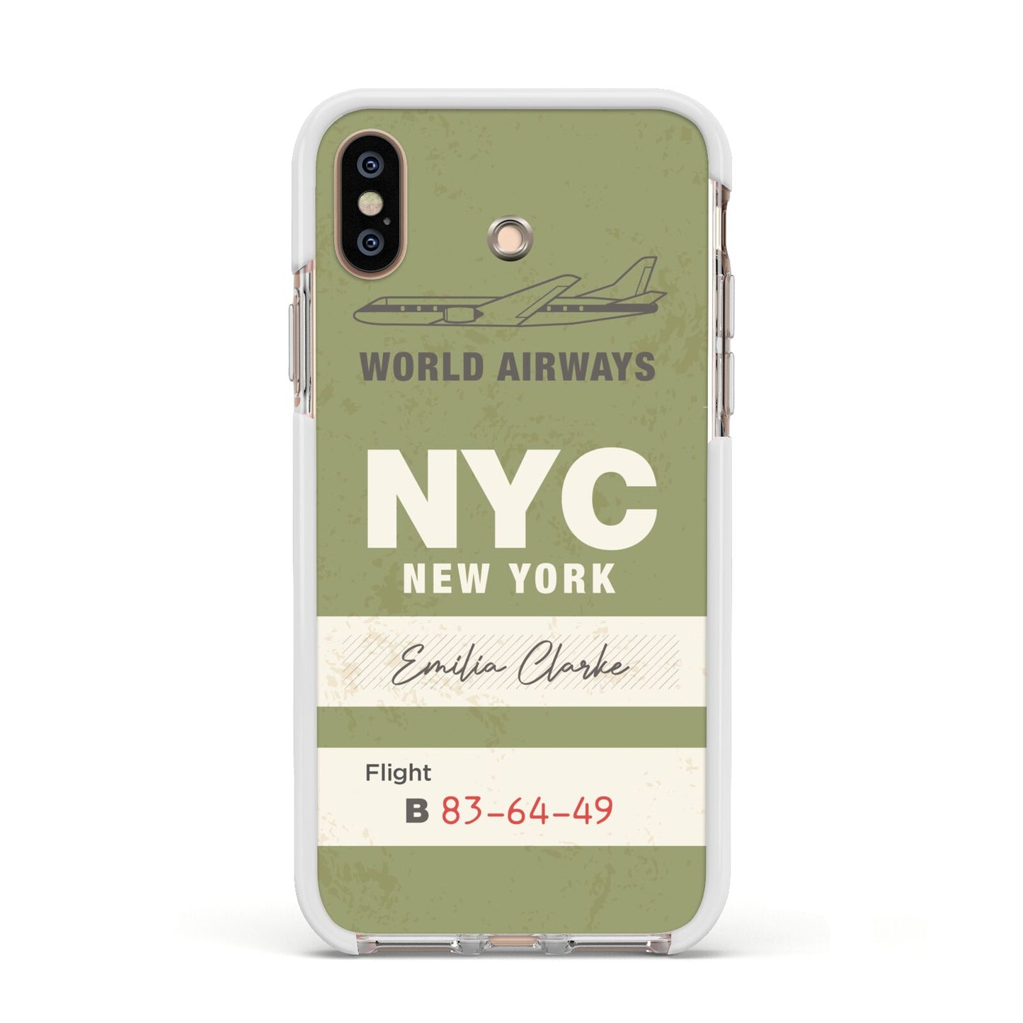 Personalised Vintage Baggage Tag Apple iPhone Xs Impact Case White Edge on Gold Phone