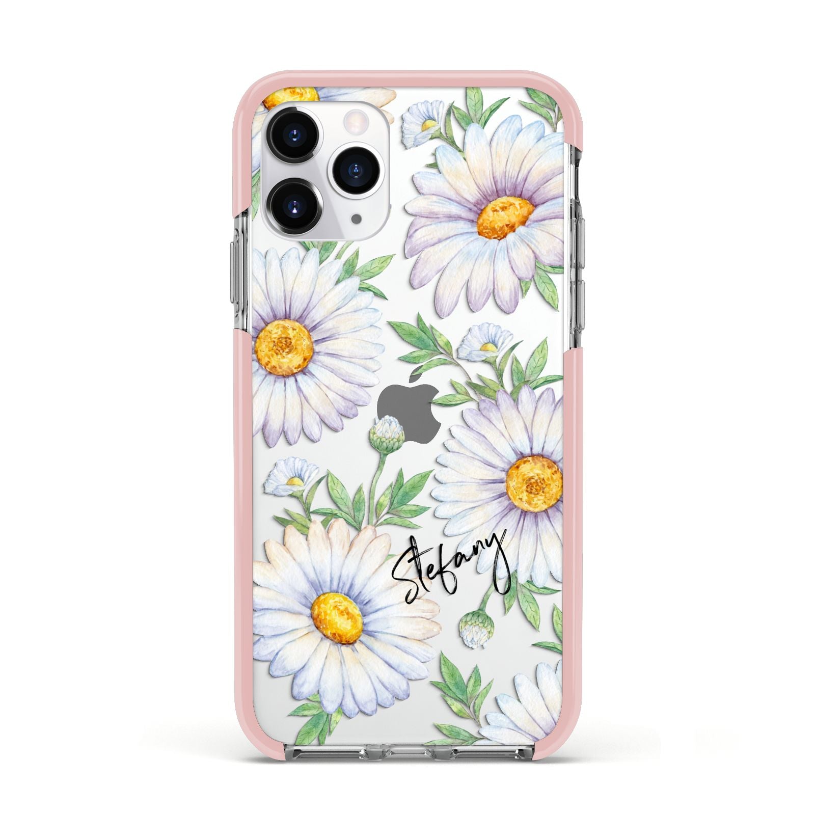 Personalised White Daisy Apple iPhone 11 Pro in Silver with Pink Impact Case