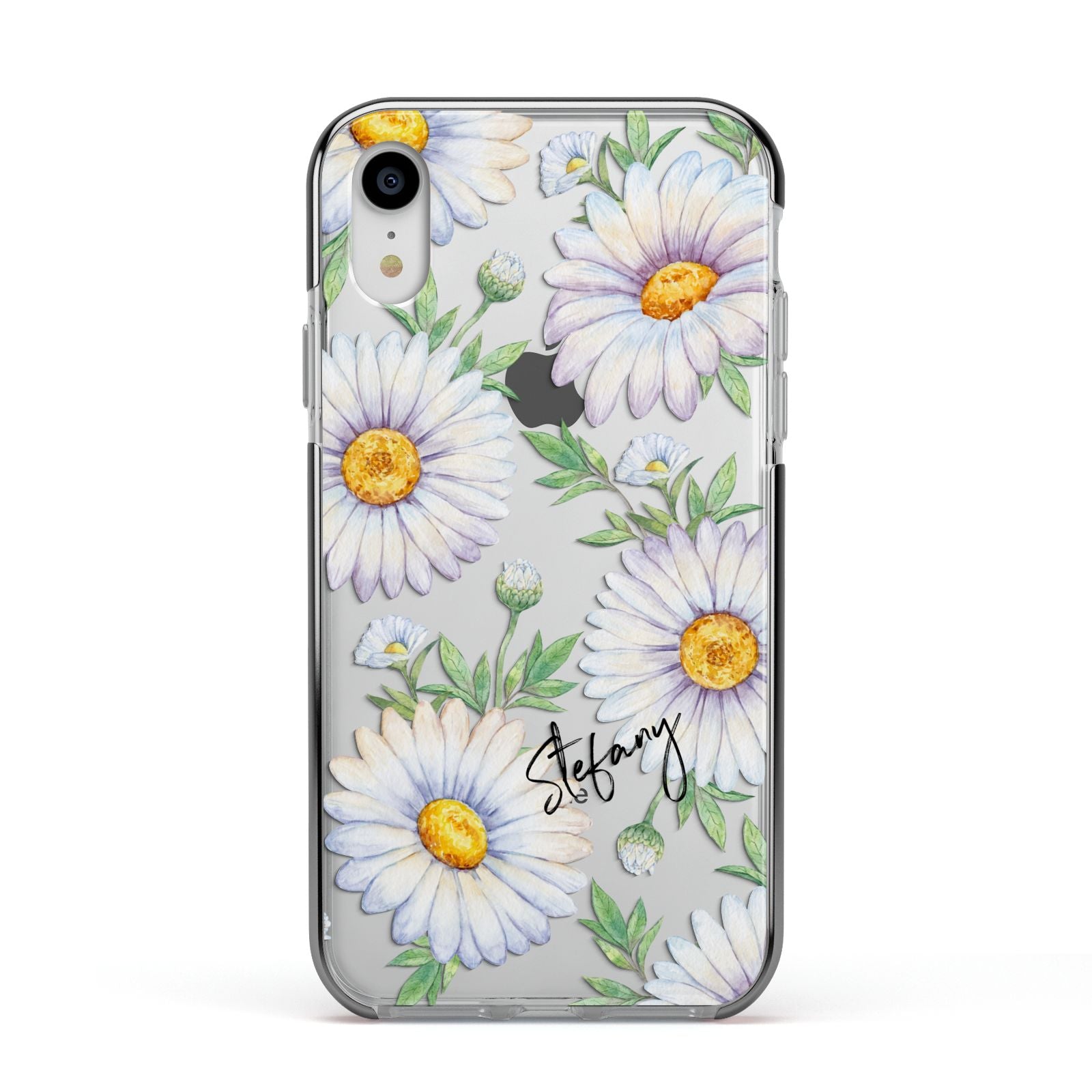 Personalised White Daisy Apple iPhone XR Impact Case Black Edge on Silver Phone