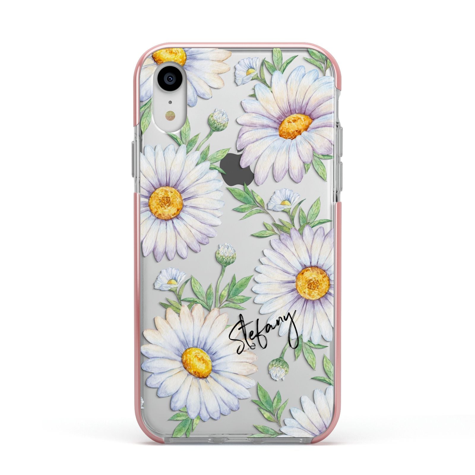 Personalised White Daisy Apple iPhone XR Impact Case Pink Edge on Silver Phone