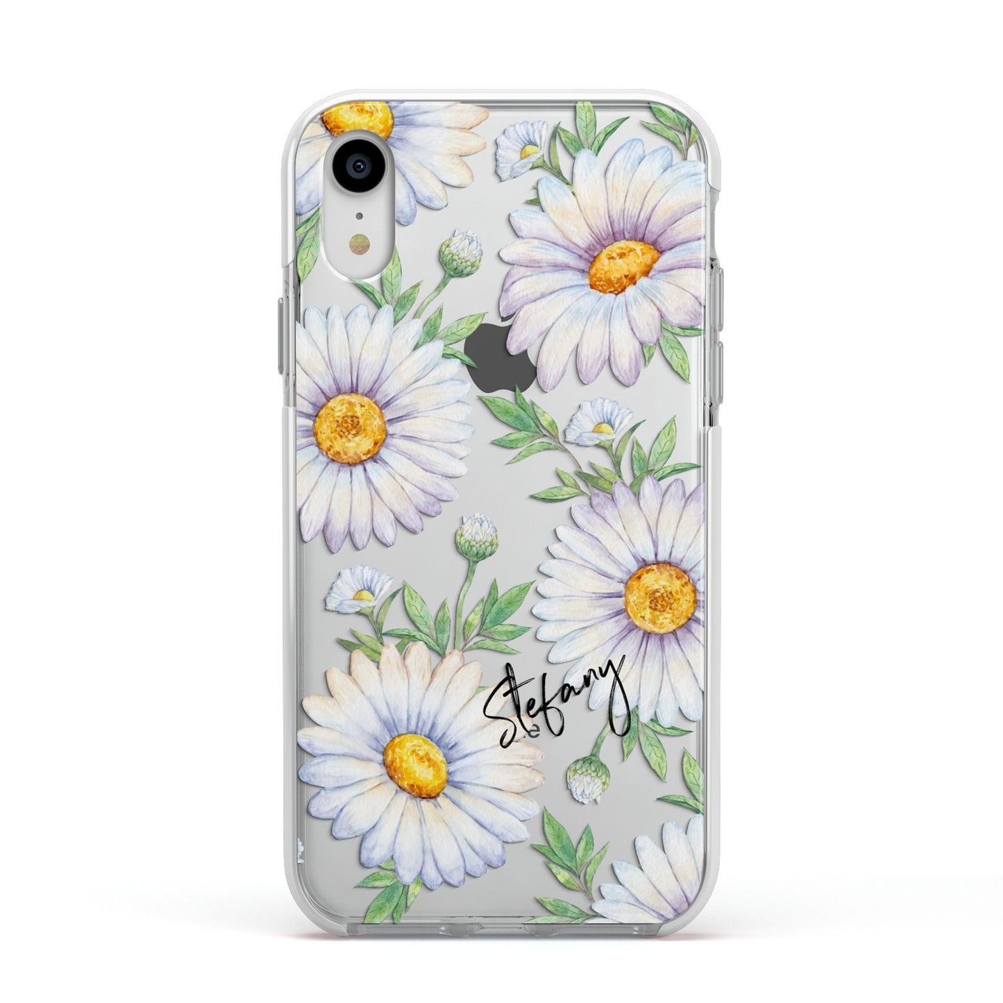 Personalised White Daisy Apple iPhone XR Impact Case White Edge on Silver Phone