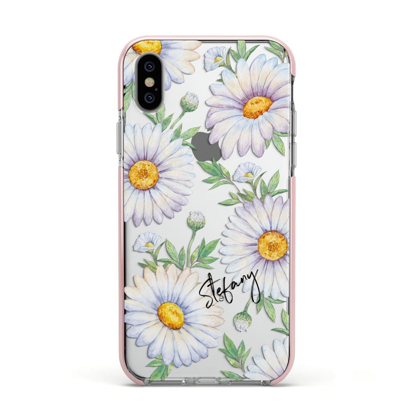 Personalised White Daisy Apple iPhone Xs Impact Case Pink Edge on Silver Phone