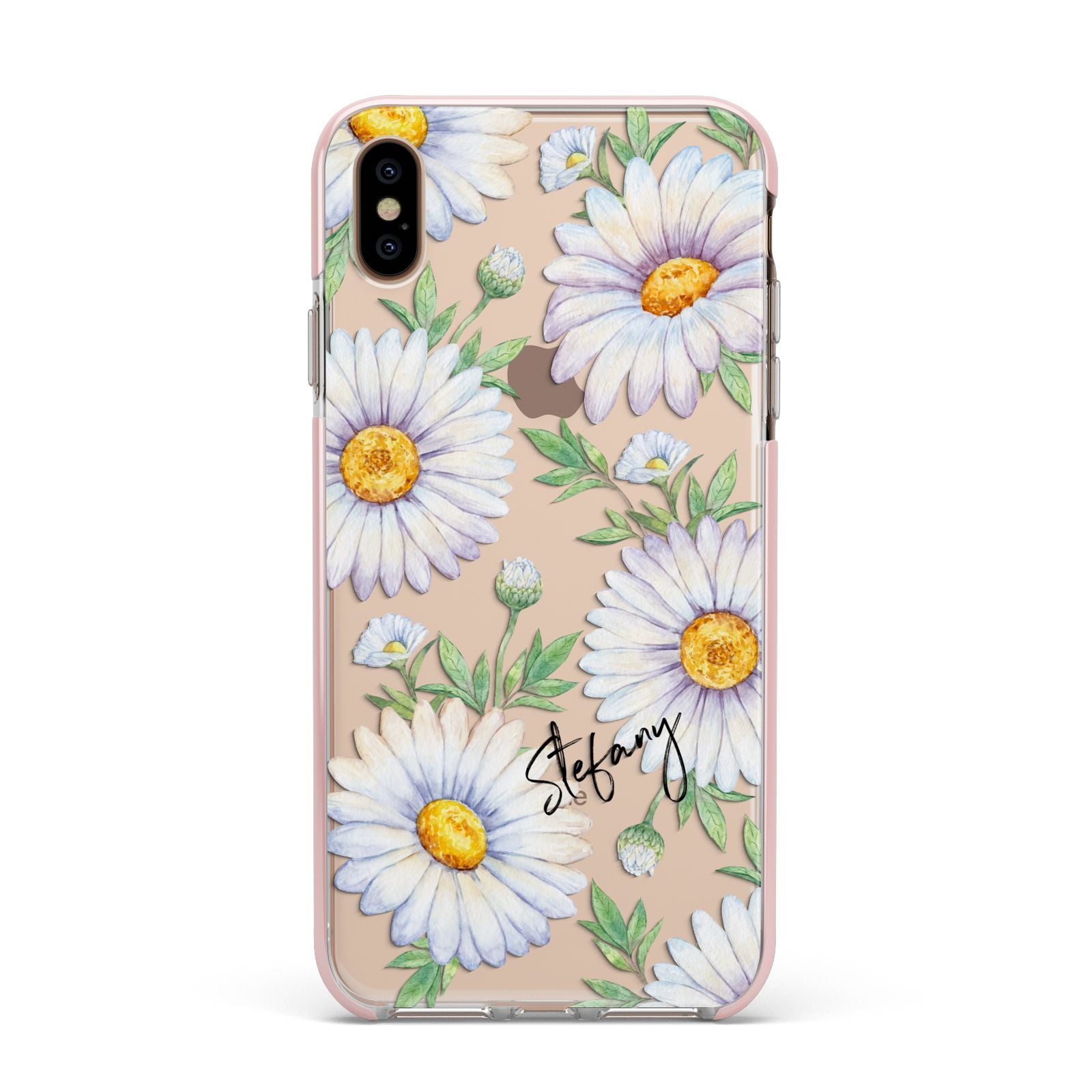 Personalised White Daisy Apple iPhone Xs Max Impact Case Pink Edge on Gold Phone