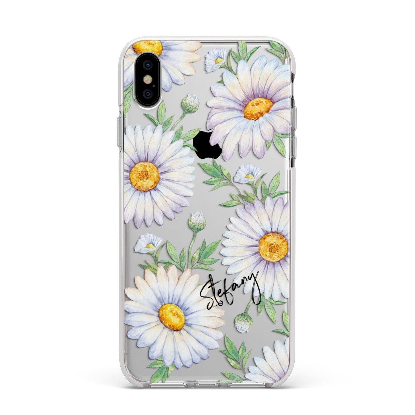 Personalised White Daisy Apple iPhone Xs Max Impact Case White Edge on Silver Phone