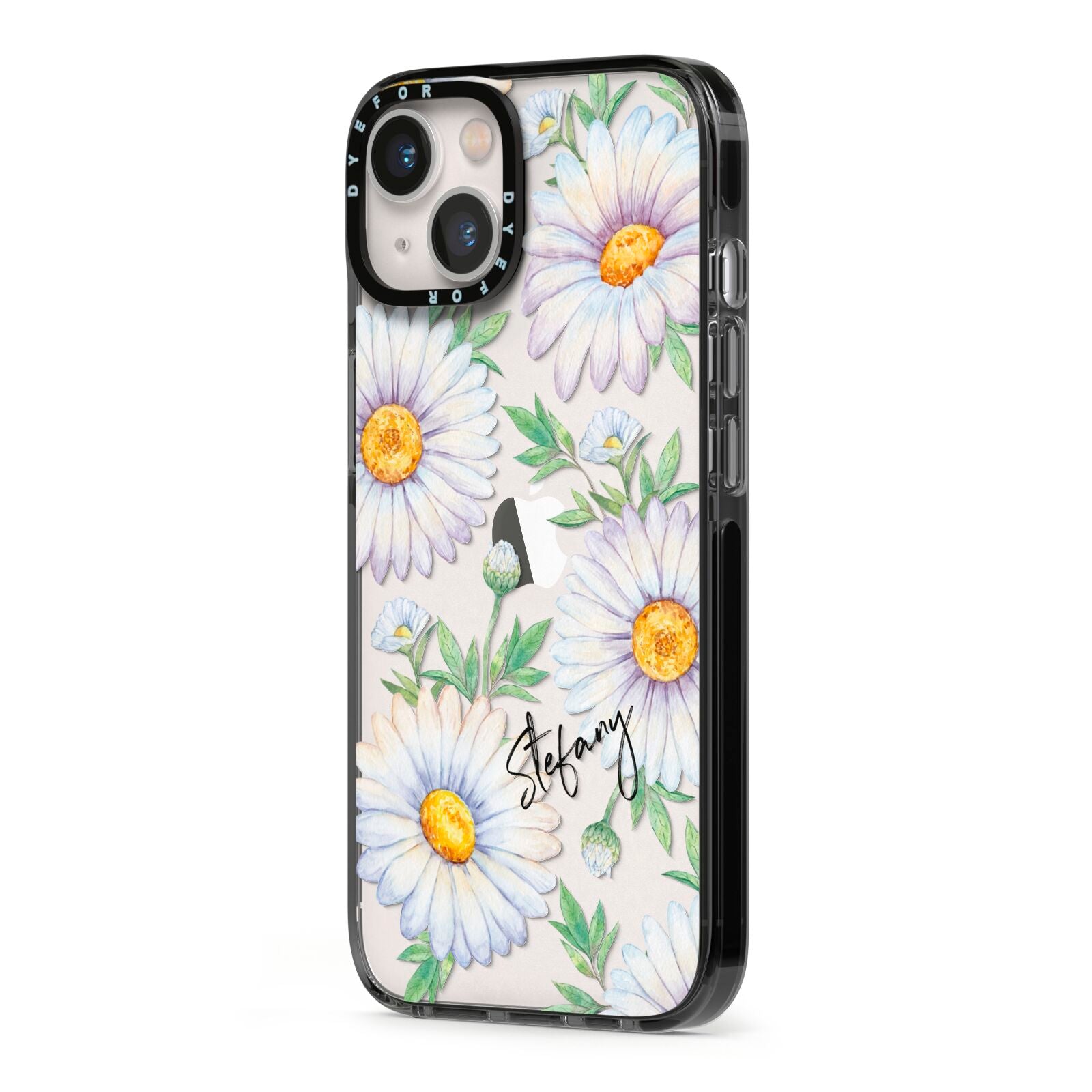 Personalised White Daisy iPhone 13 Black Impact Case Side Angle on Silver phone