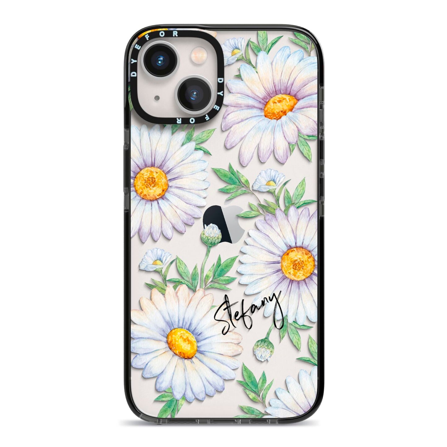 Personalised White Daisy iPhone 13 Black Impact Case on Silver phone
