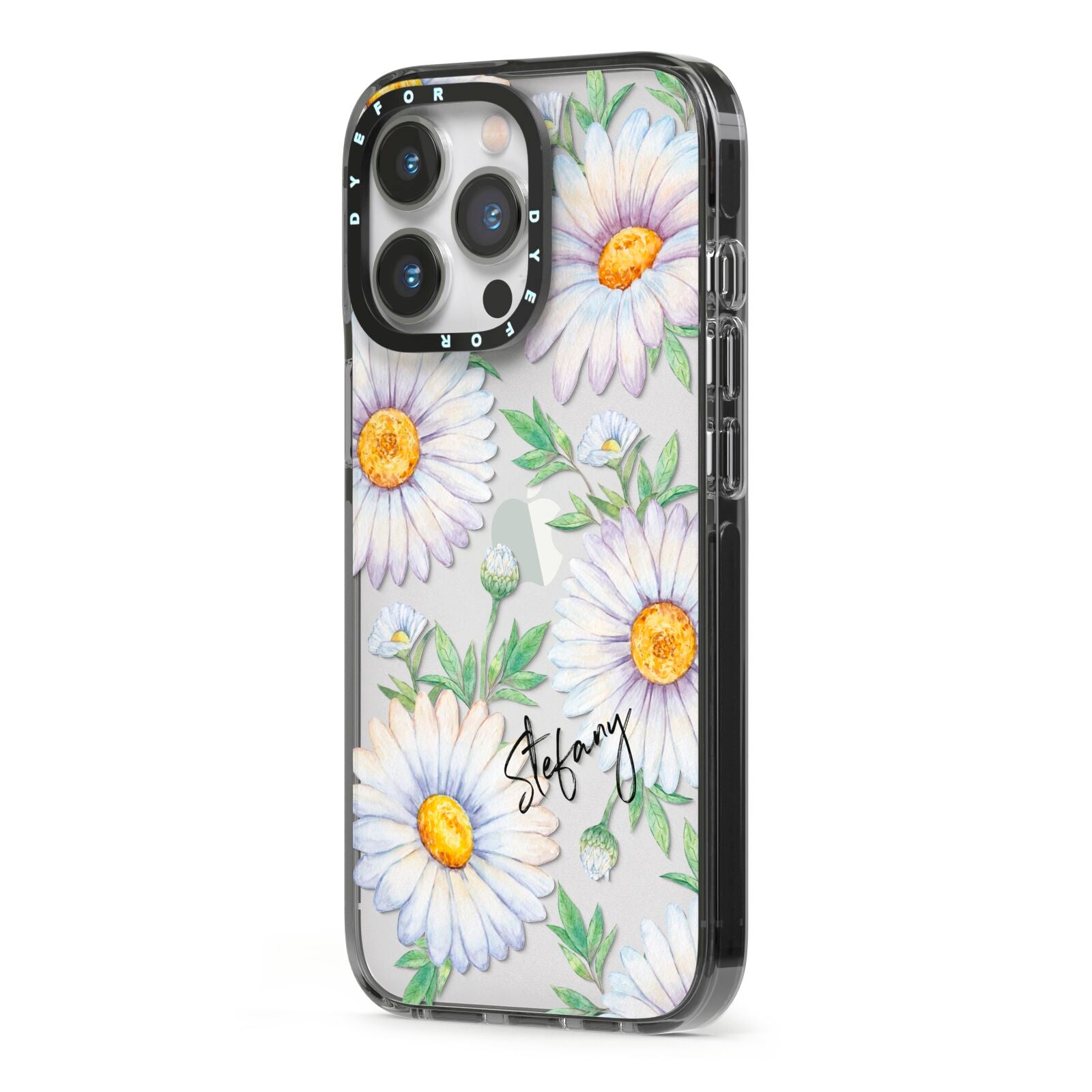Personalised White Daisy iPhone 13 Pro Black Impact Case Side Angle on Silver phone