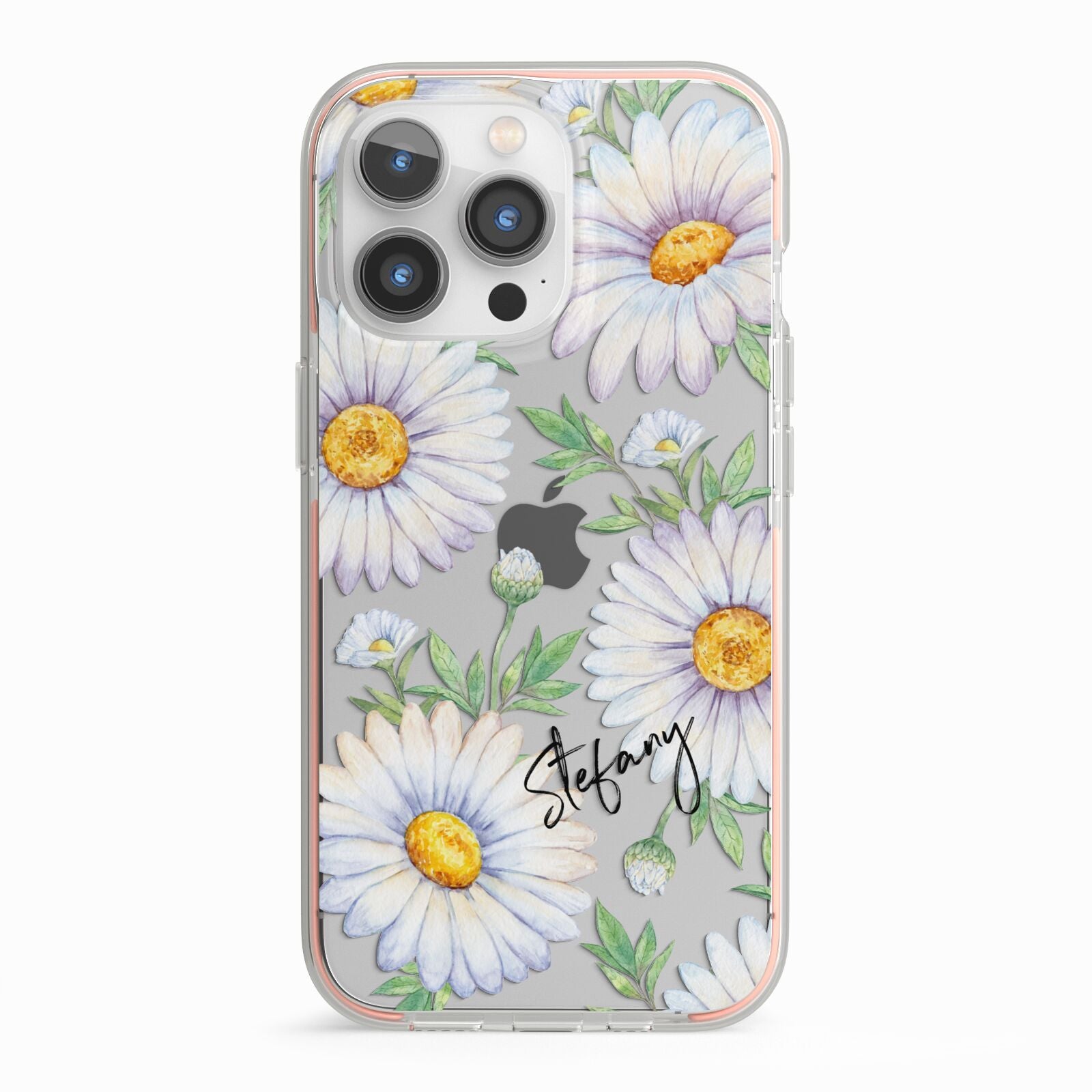 Personalised White Daisy iPhone 13 Pro TPU Impact Case with Pink Edges