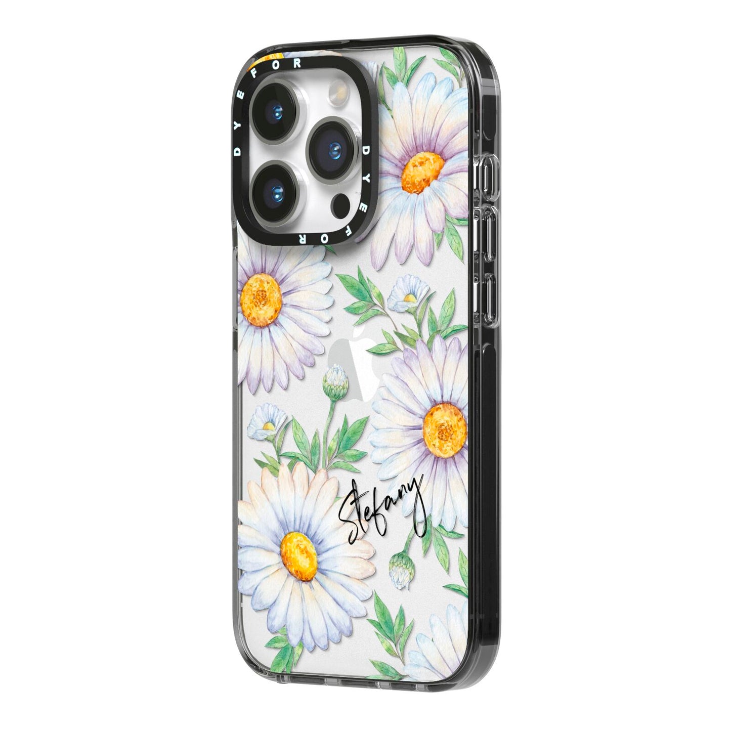Personalised White Daisy iPhone 14 Pro Black Impact Case Side Angle on Silver phone
