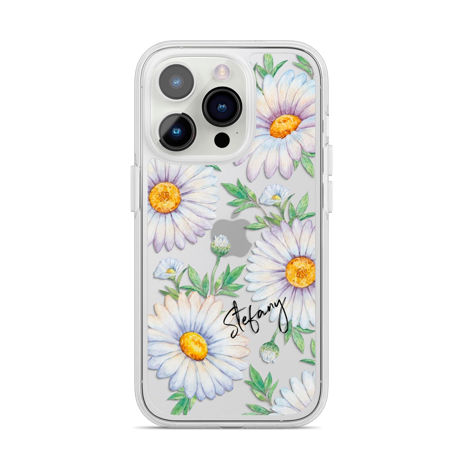 Personalised White Daisy iPhone 14 Pro Clear Tough Case Silver